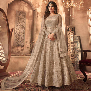 Beige Floral Embroidered Net Anarkali Suit - Peachmode
