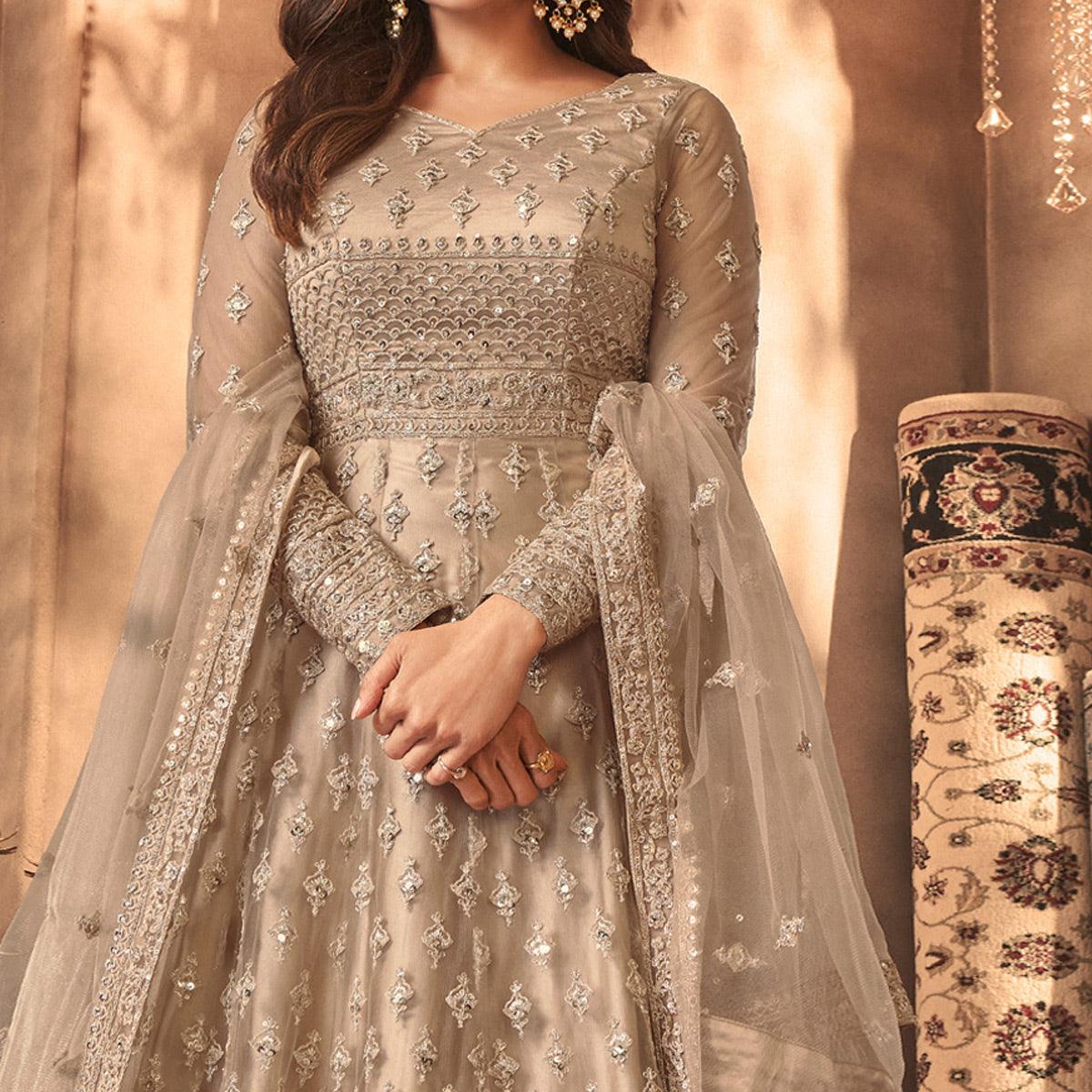 Beige Floral Embroidered Net Anarkali Suit - Peachmode
