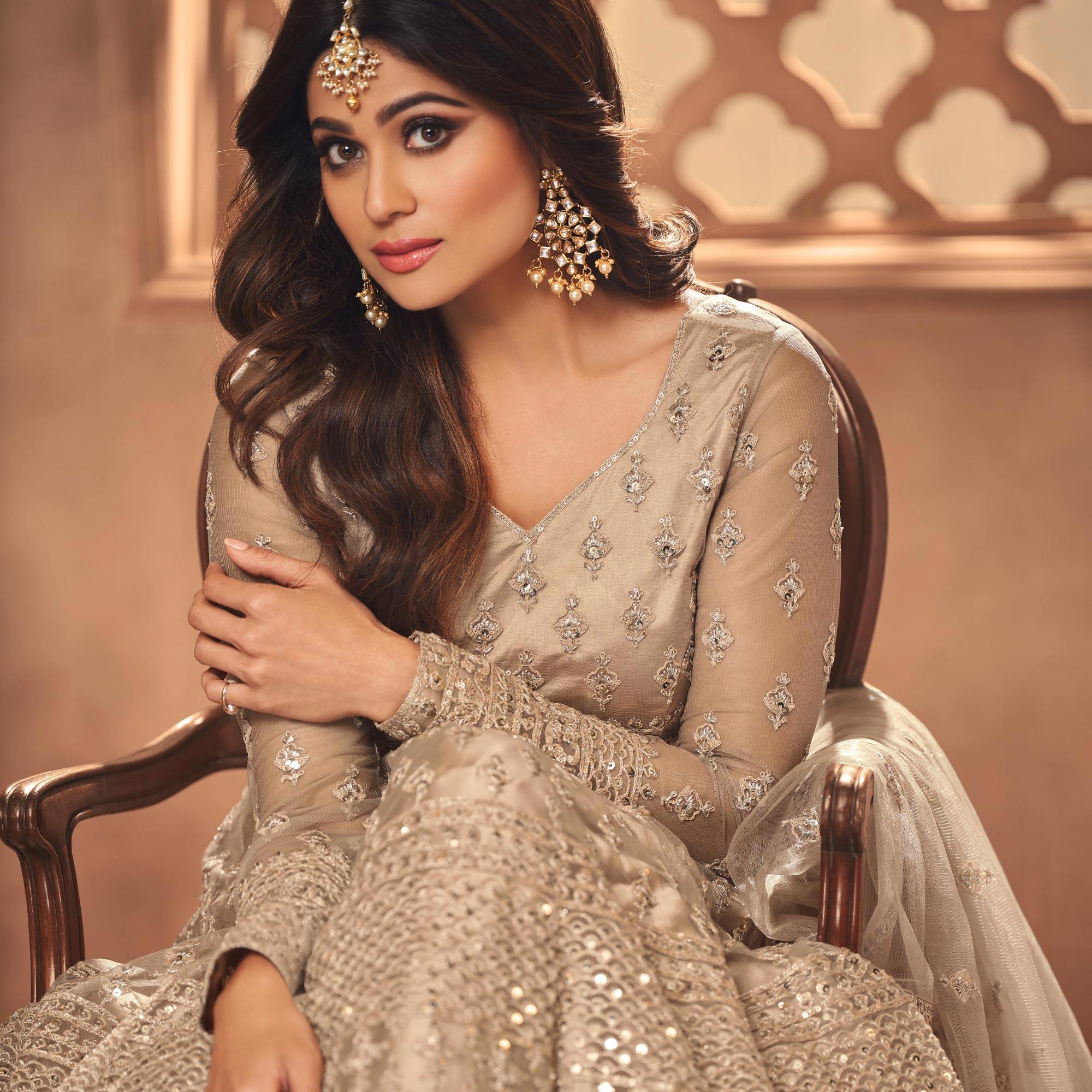 Beige Floral Embroidered Net Anarkali Suit - Peachmode