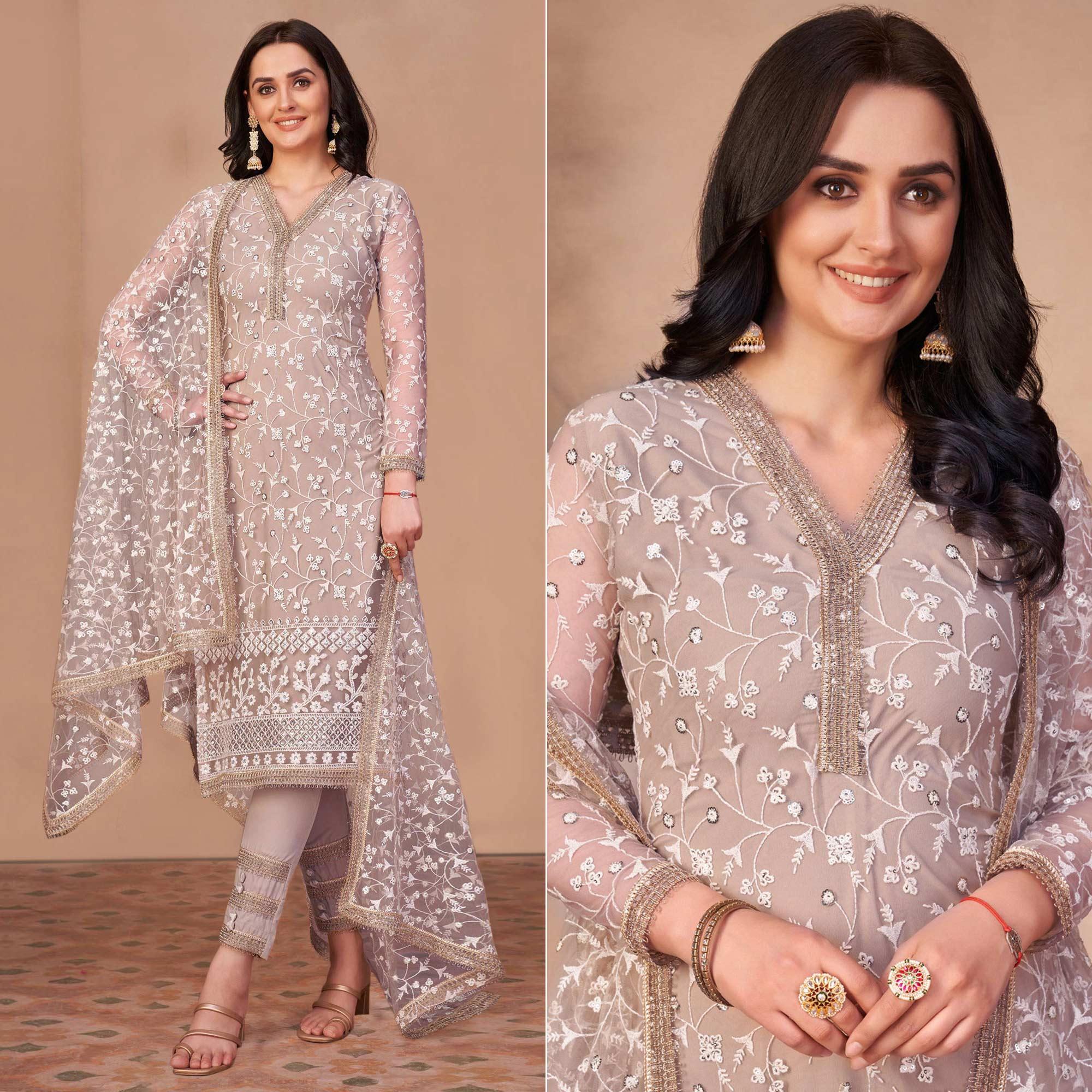 Beige Floral Embroidered Netted Suit - Peachmode