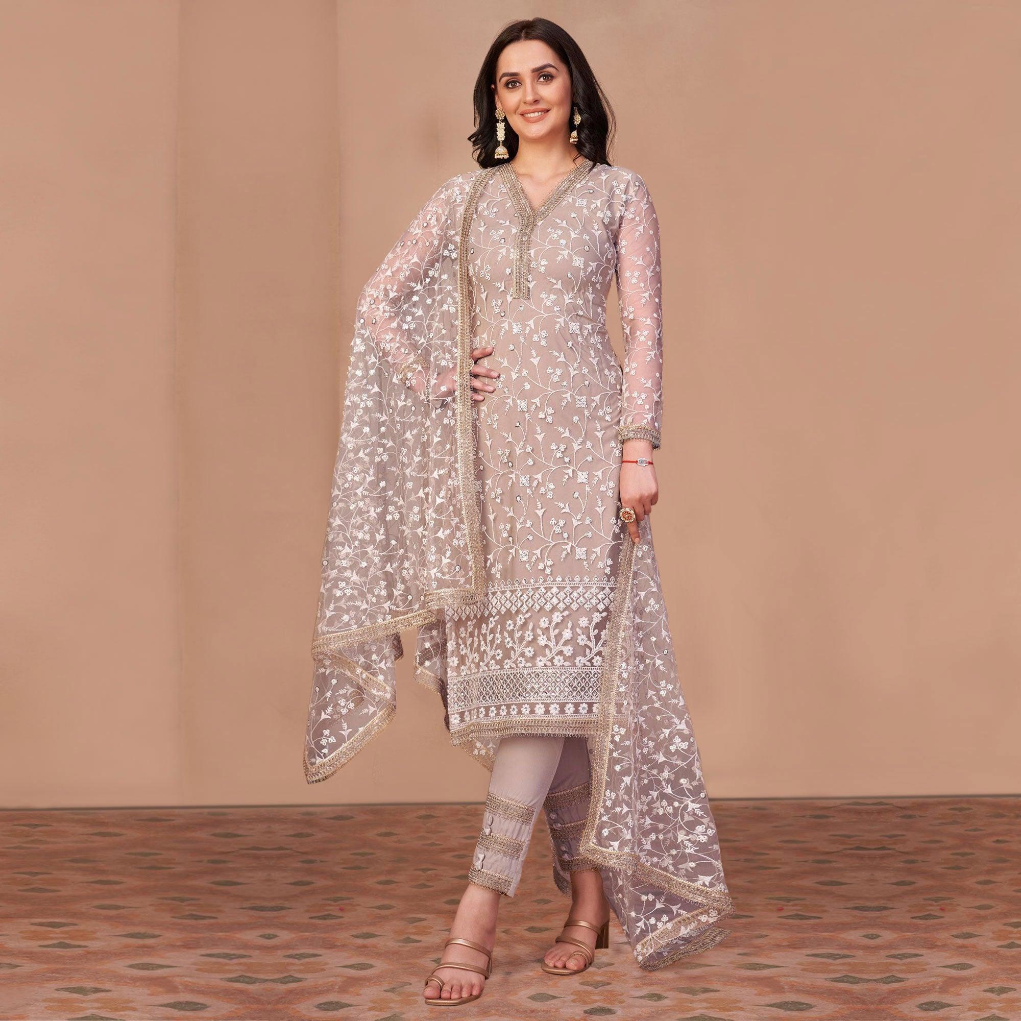Beige Floral Embroidered Netted Suit - Peachmode