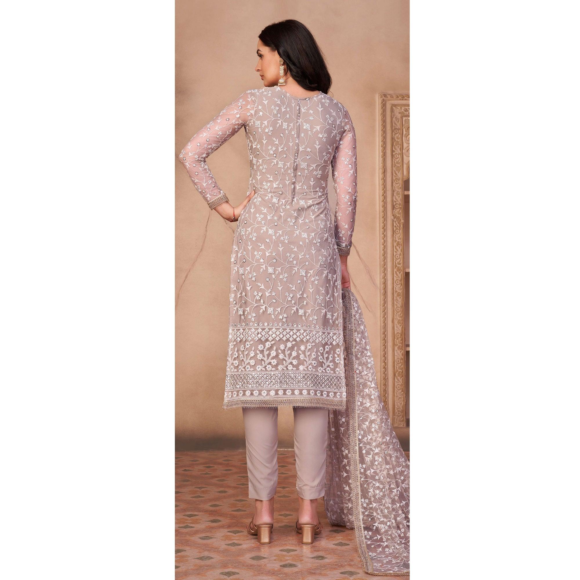 Beige Floral Embroidered Netted Suit - Peachmode