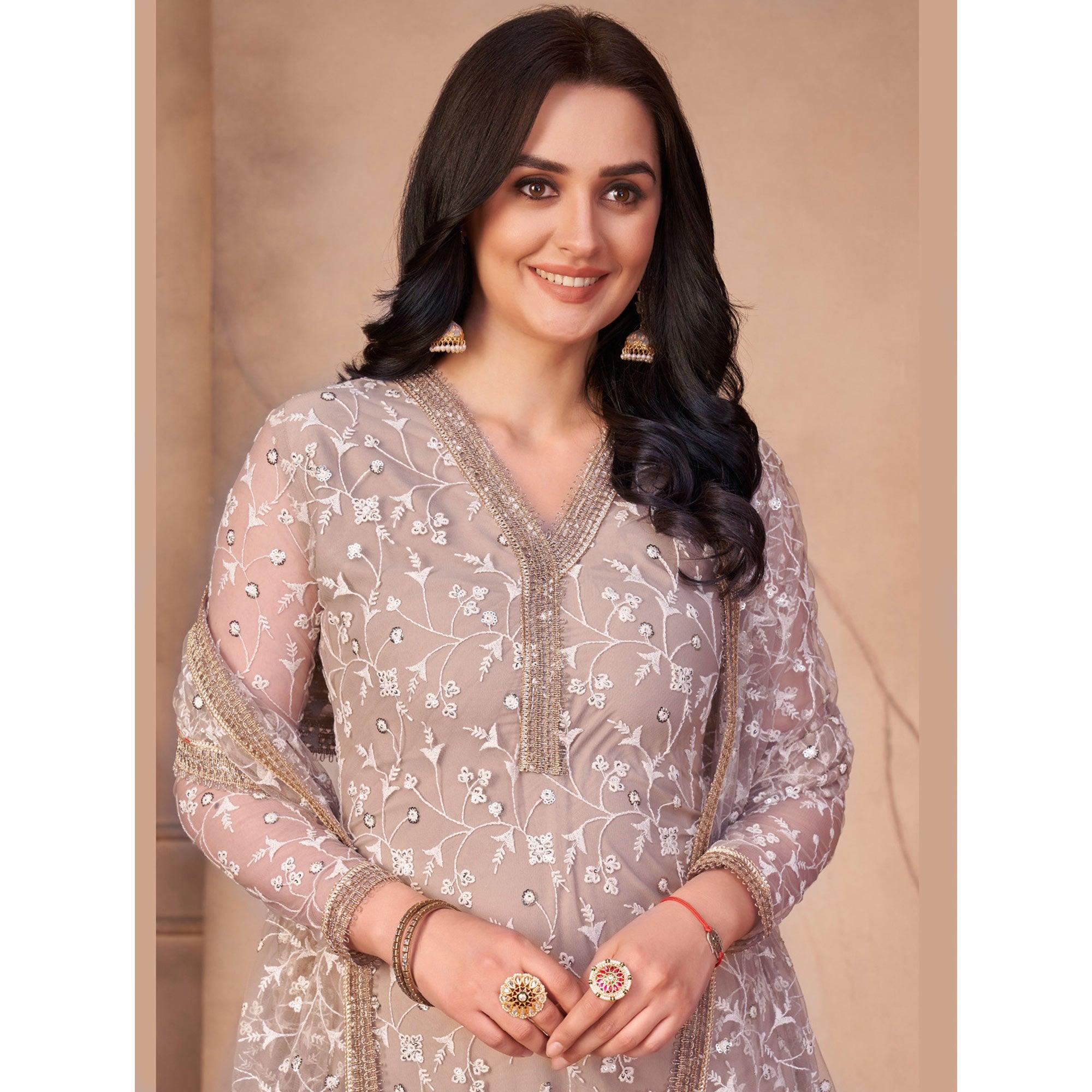 Beige Floral Embroidered Netted Suit - Peachmode