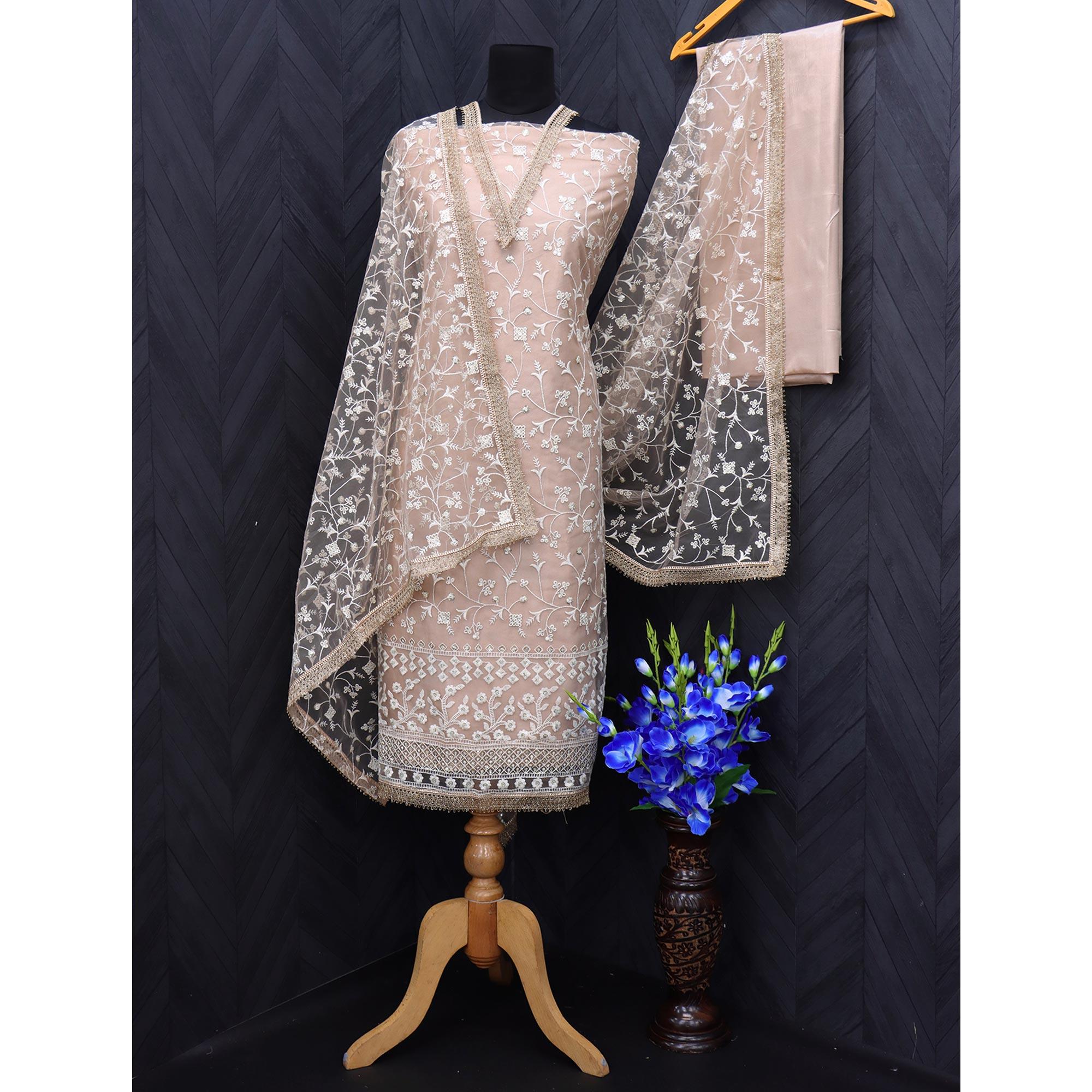 Beige Floral Embroidered Netted Suit - Peachmode
