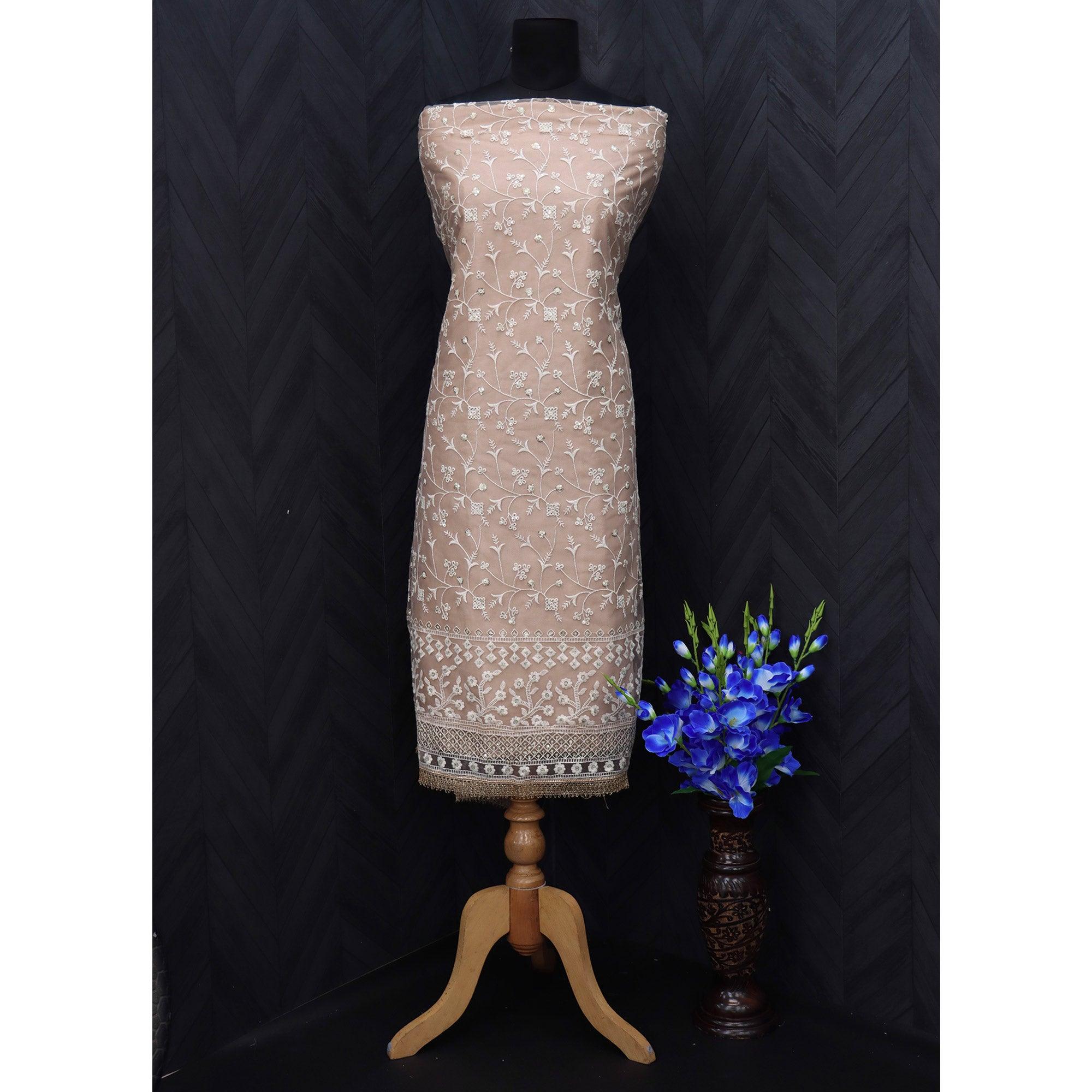 Beige Floral Embroidered Netted Suit - Peachmode