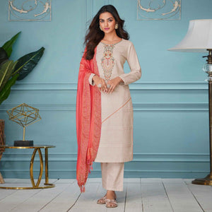 Beige Floral Embroidered Pure Cotton Kurti Pant Set With Dupatta - Peachmode