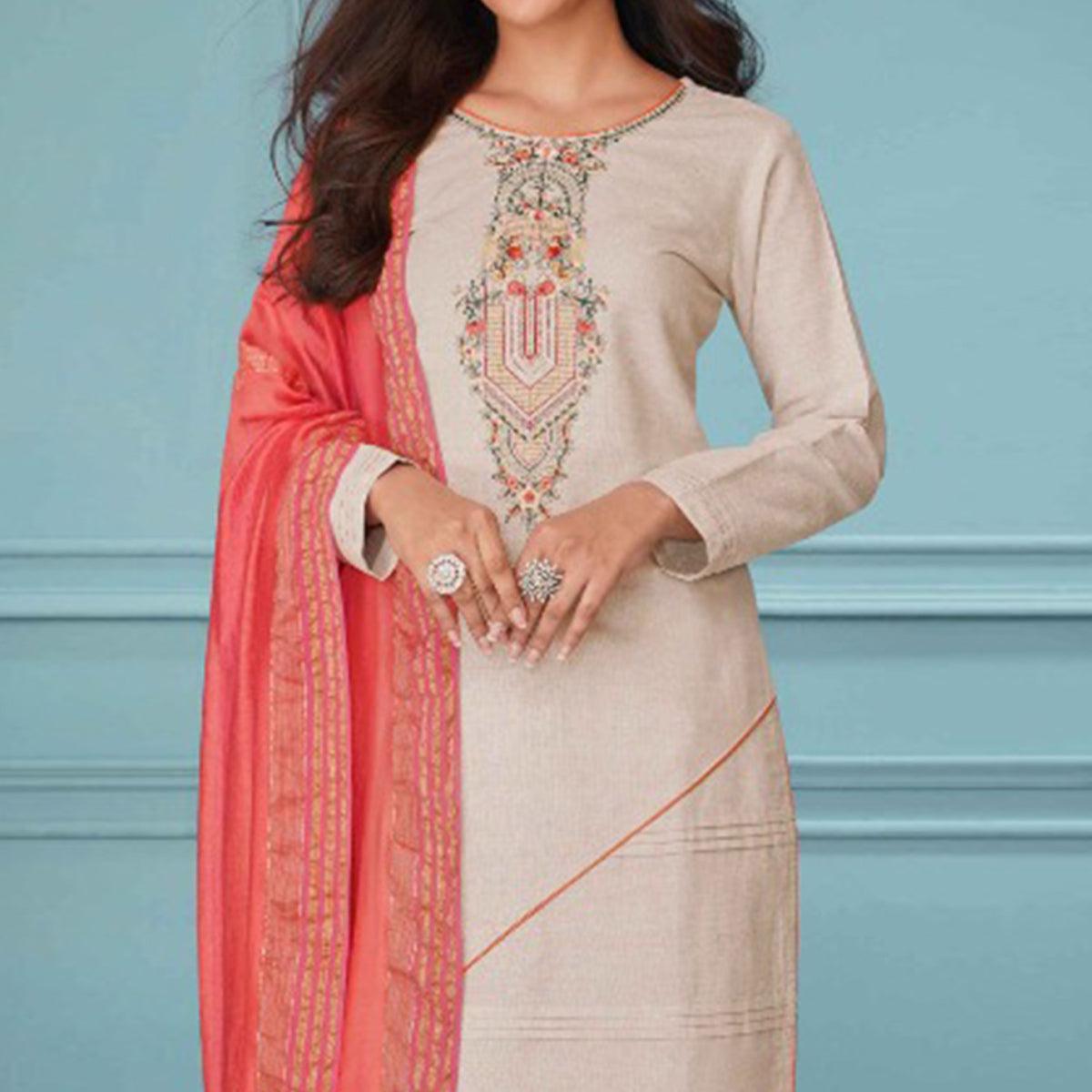 Beige Floral Embroidered Pure Cotton Kurti Pant Set With Dupatta - Peachmode
