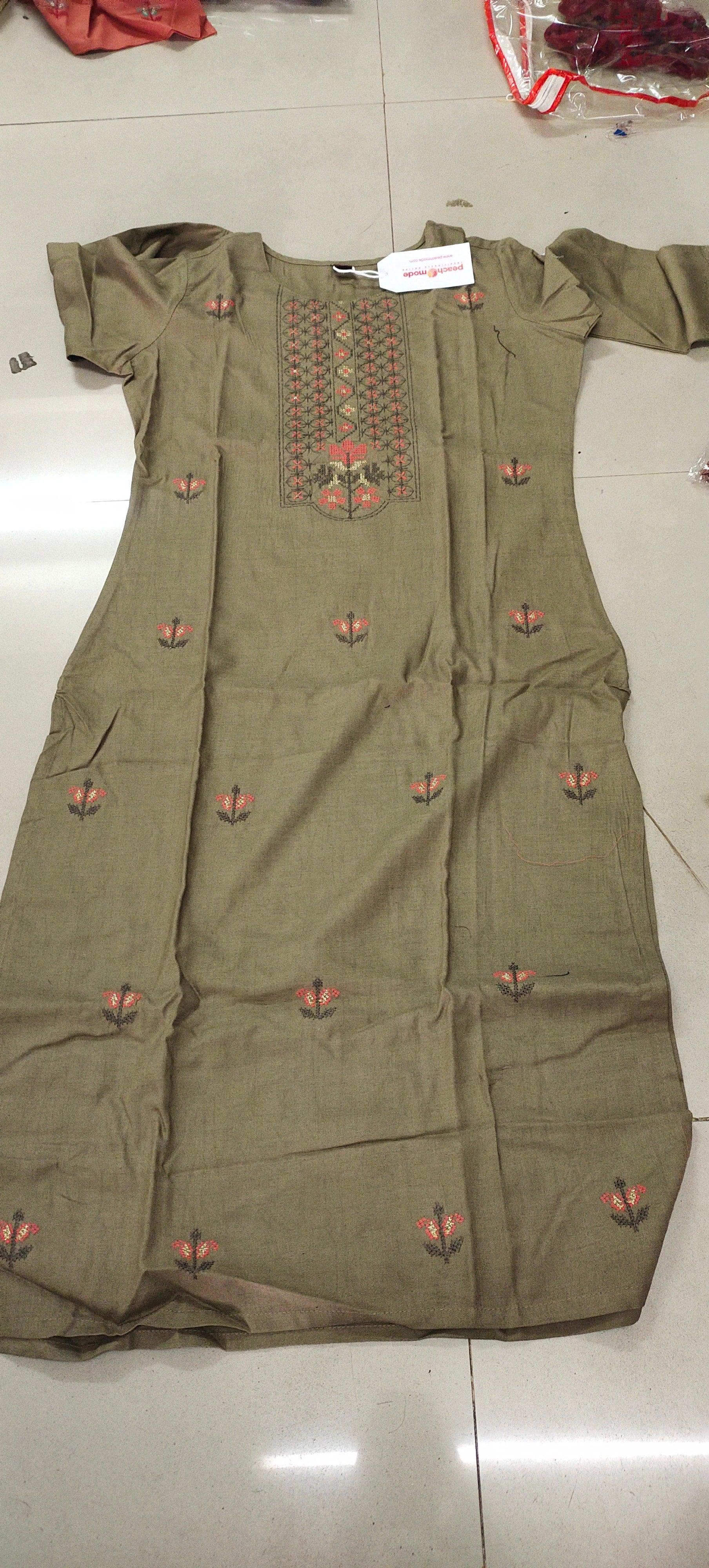 Beige Floral Embroidered Pure Cotton Kurti - Peachmode