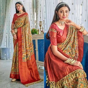 Beige Floral Printed Art Silk Saree - Peachmode