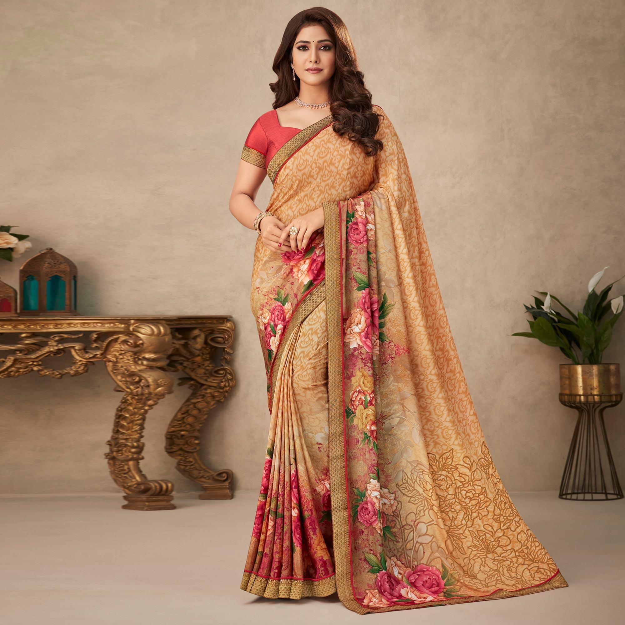 Beige Floral Printed Art Silk Saree - Peachmode