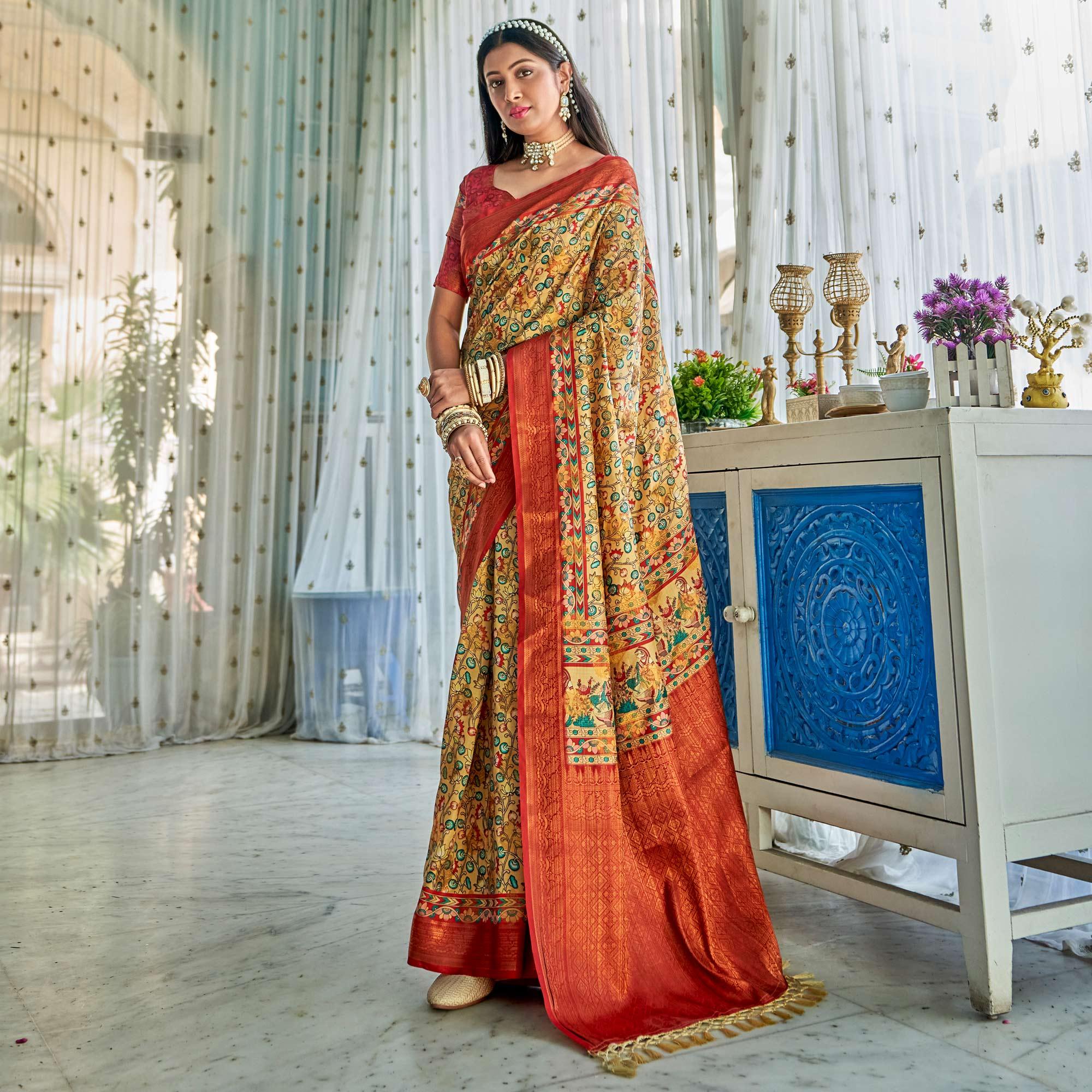 Beige Floral Printed Art Silk Saree - Peachmode