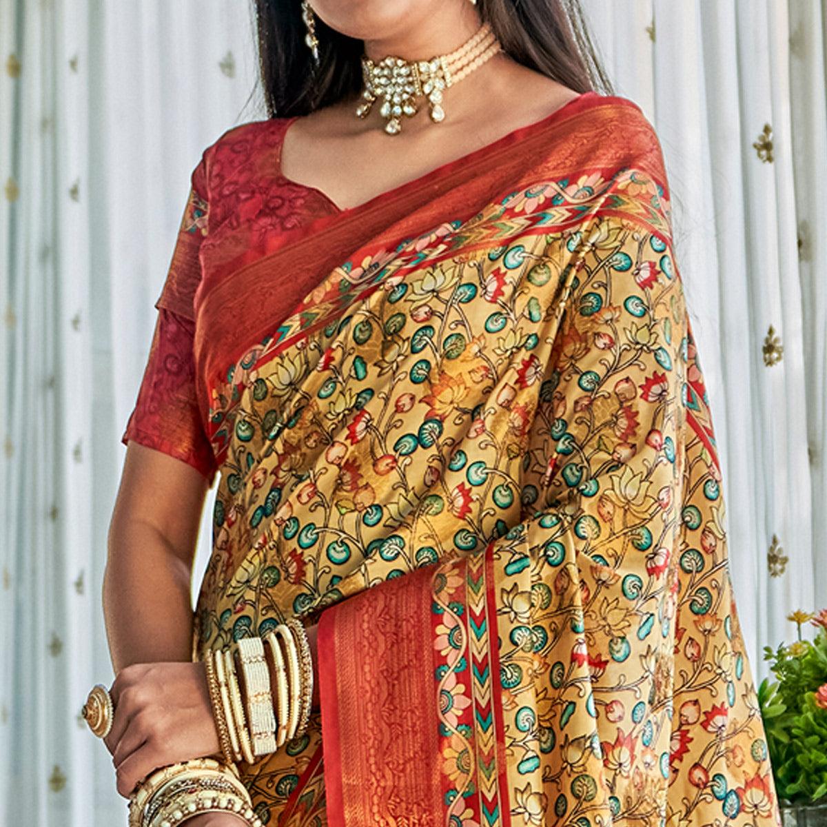 Beige Floral Printed Art Silk Saree - Peachmode