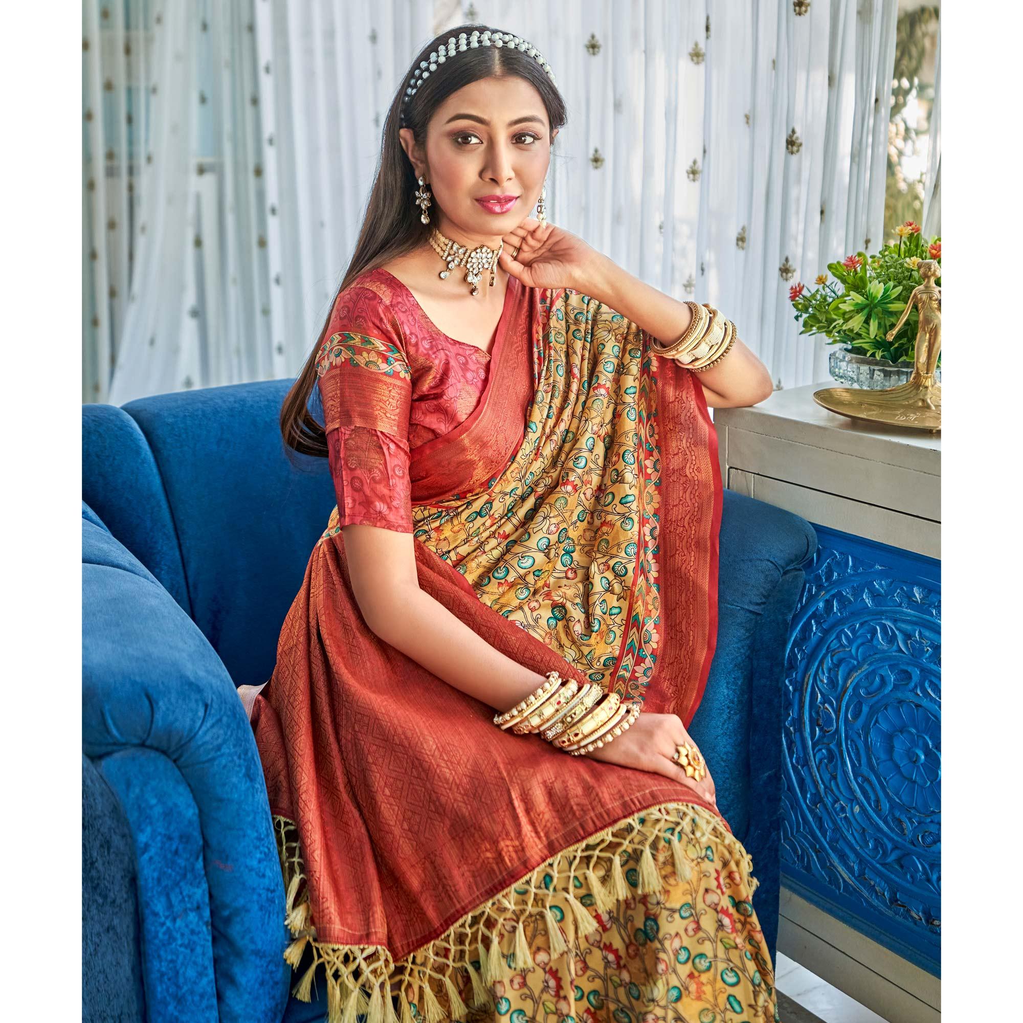 Beige Floral Printed Art Silk Saree - Peachmode