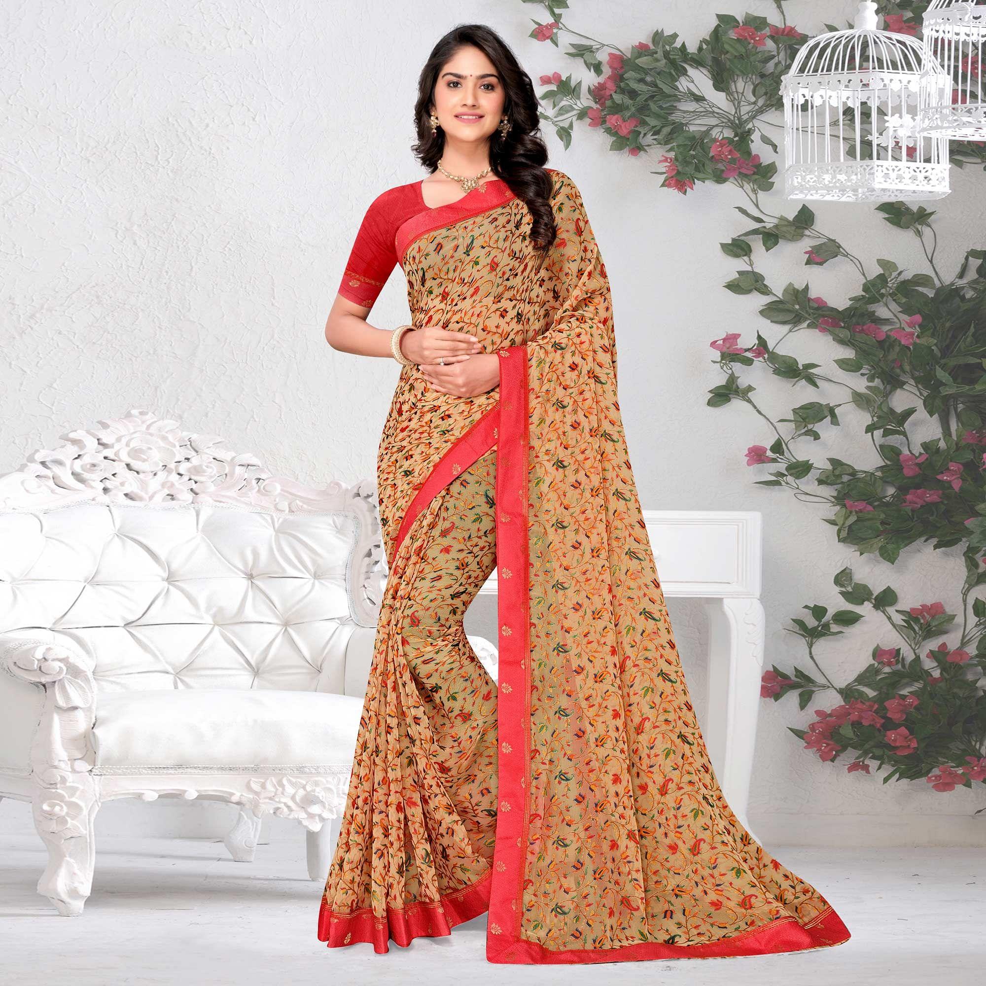 Beige Floral Printed Brasso Saree - Peachmode