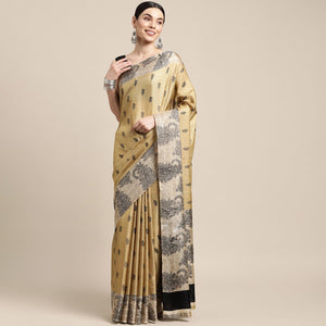Beige Floral Printed Cotton Silk Saree - Peachmode