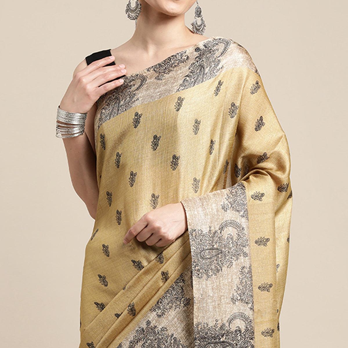 Beige Floral Printed Cotton Silk Saree - Peachmode