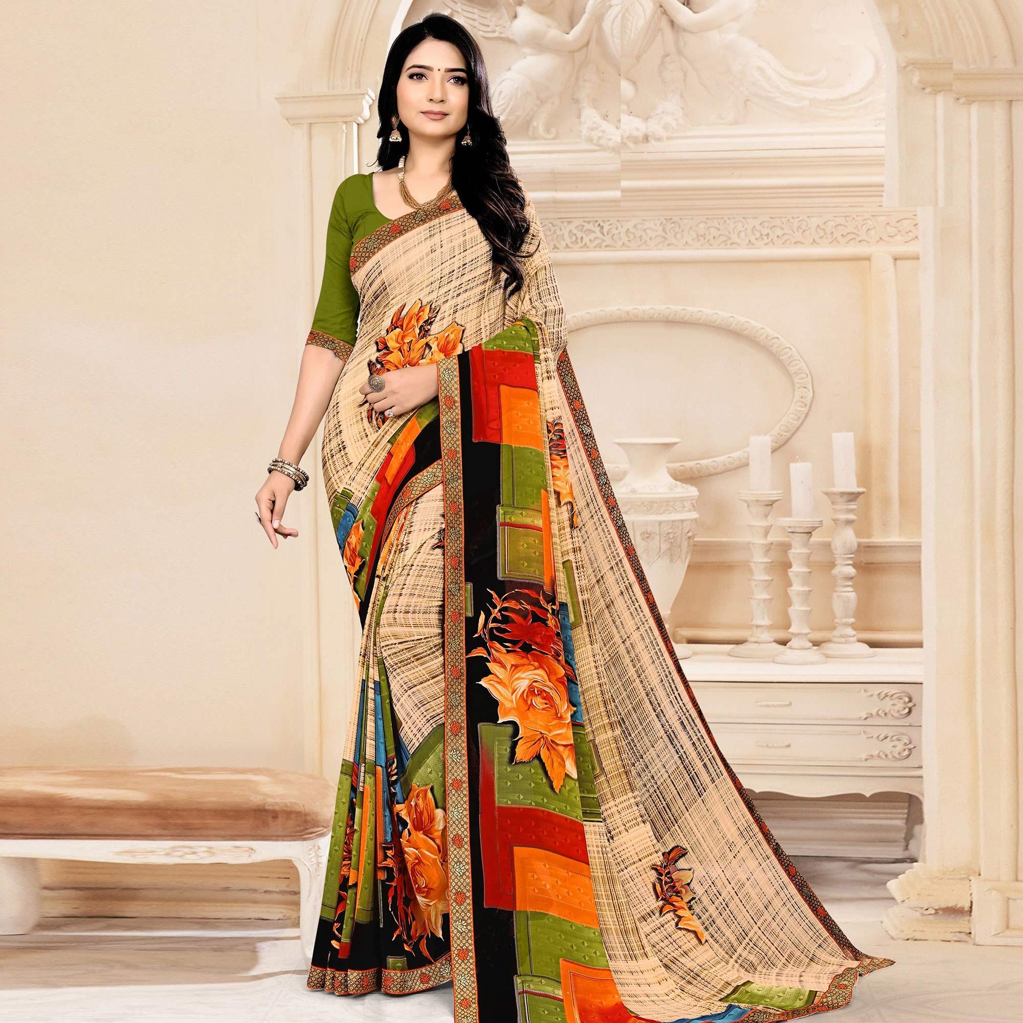 Beige Floral Printed Georgette Saree - Peachmode