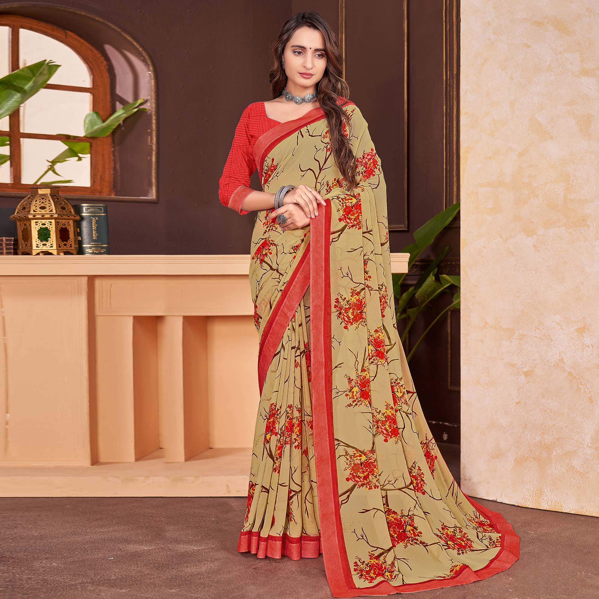 Beige Floral Printed Georgette Saree - Peachmode