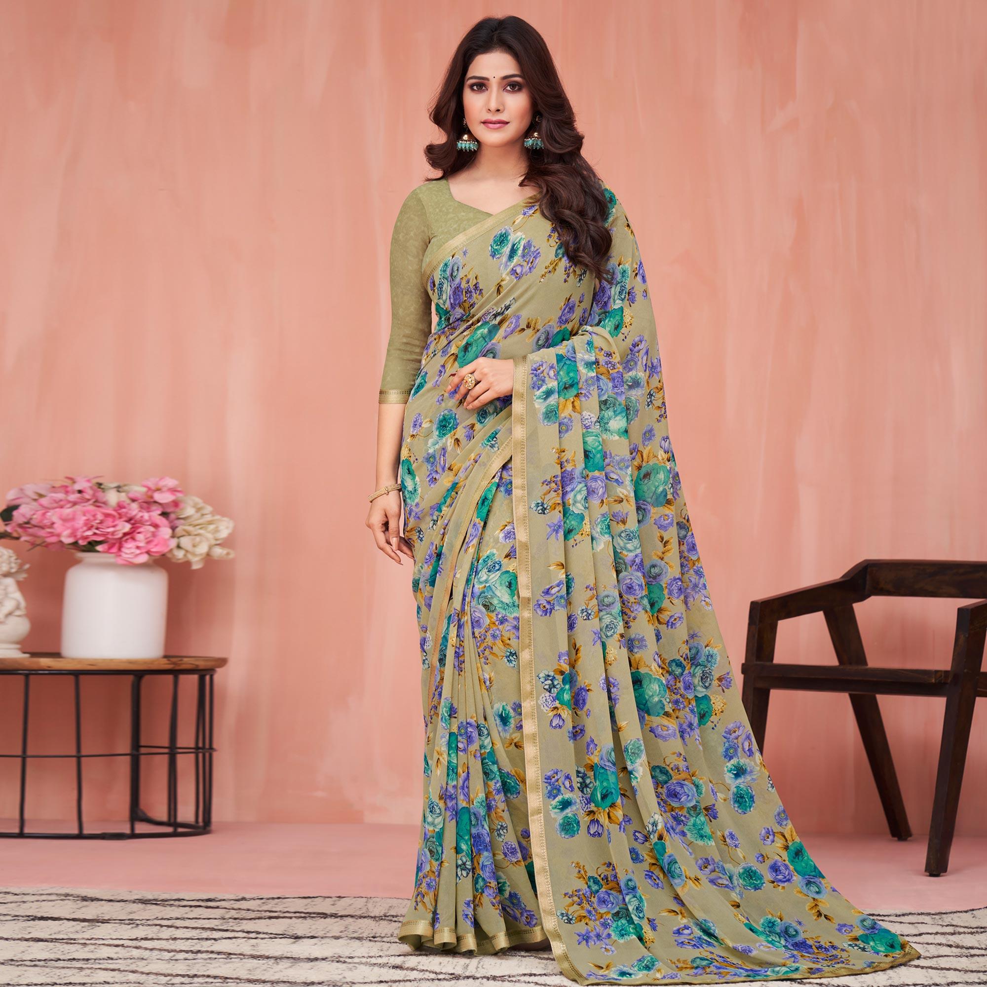 Beige Floral Printed Georgette Saree - Peachmode