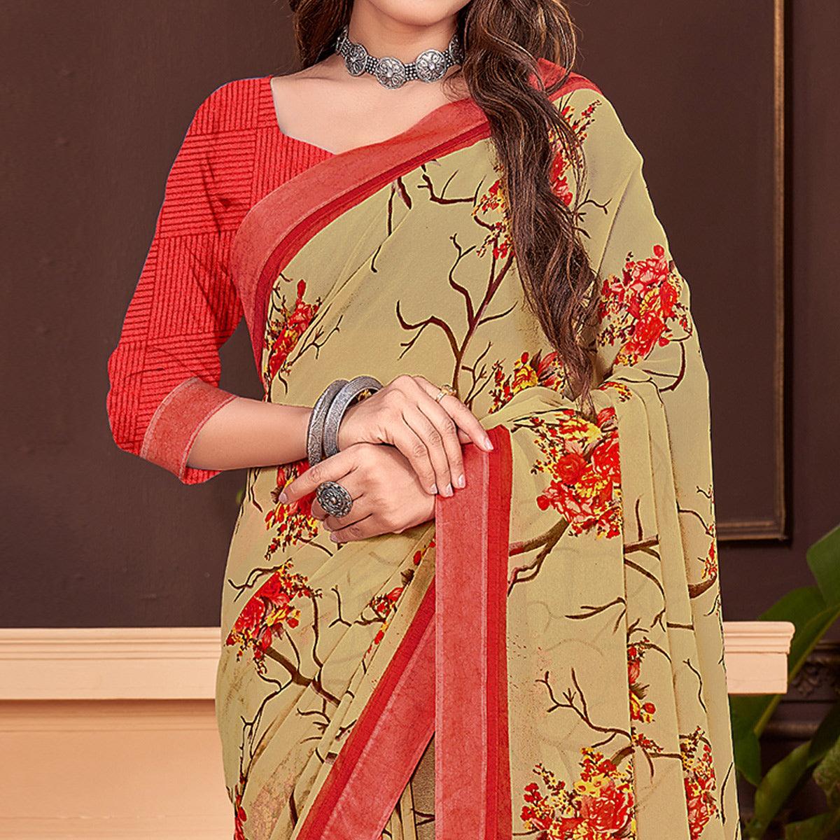 Beige Floral Printed Georgette Saree - Peachmode