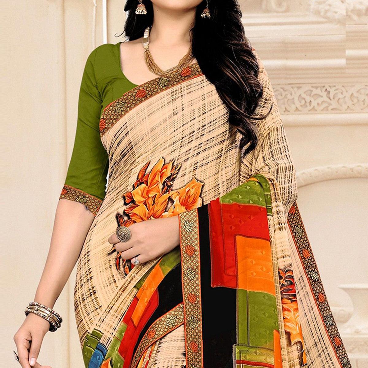 Beige Floral Printed Georgette Saree - Peachmode