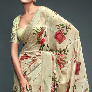 Beige Floral Printed Georgette Saree - Peachmode
