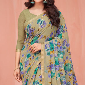 Beige Floral Printed Georgette Saree - Peachmode