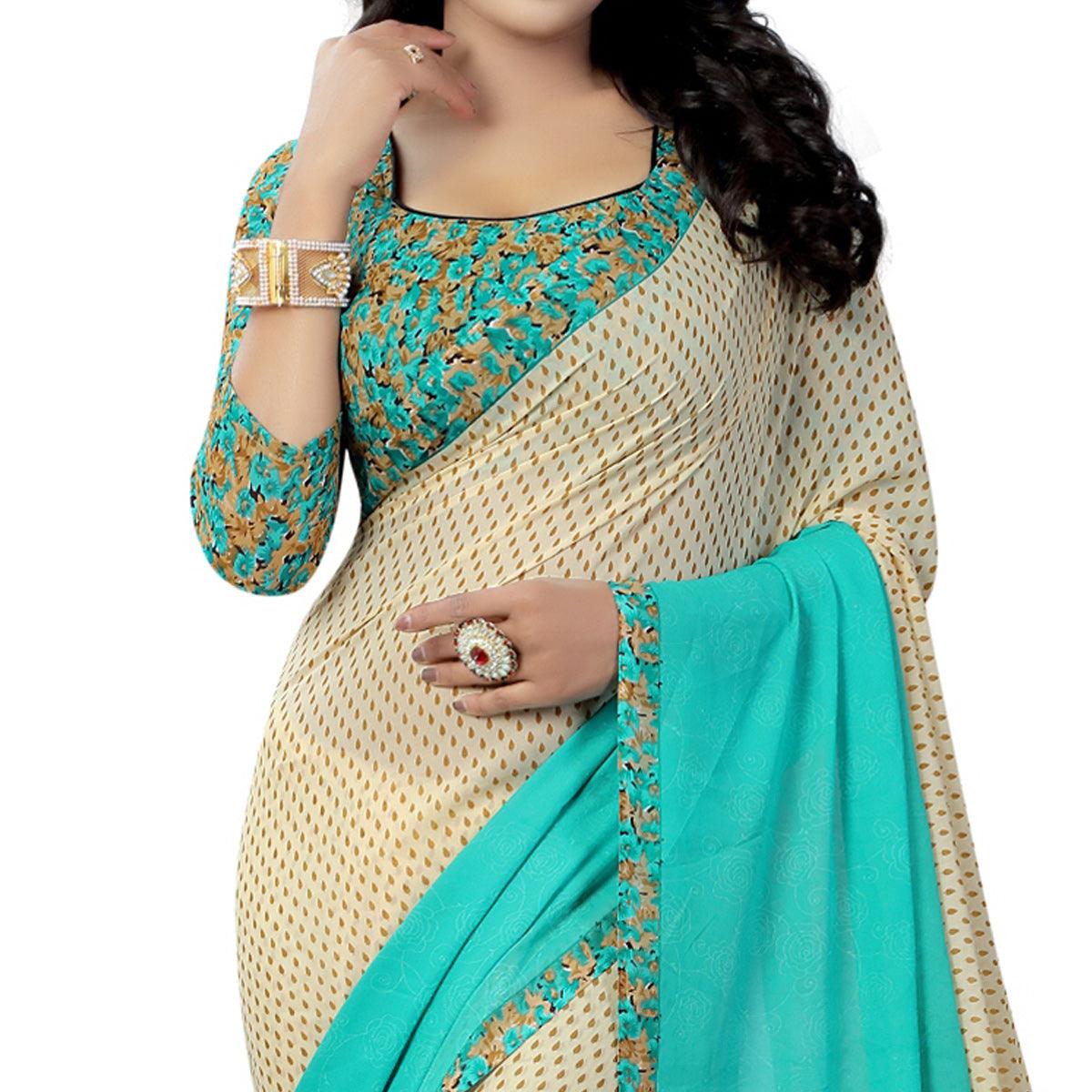 Beige Floral Printed Grorgette Half & Half Saree - Peachmode