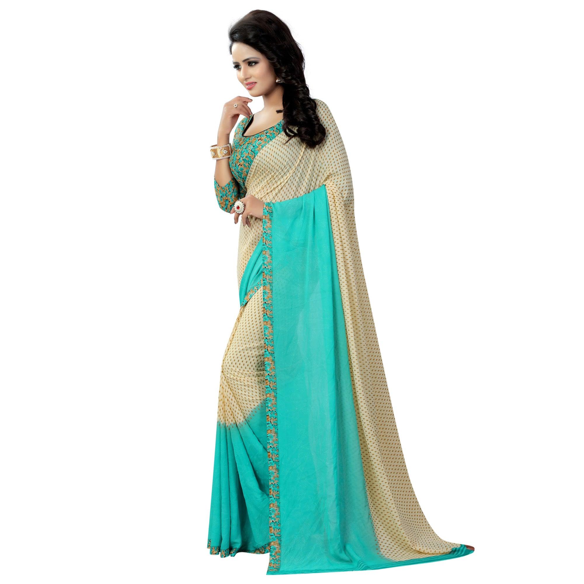 Beige Floral Printed Grorgette Half & Half Saree - Peachmode