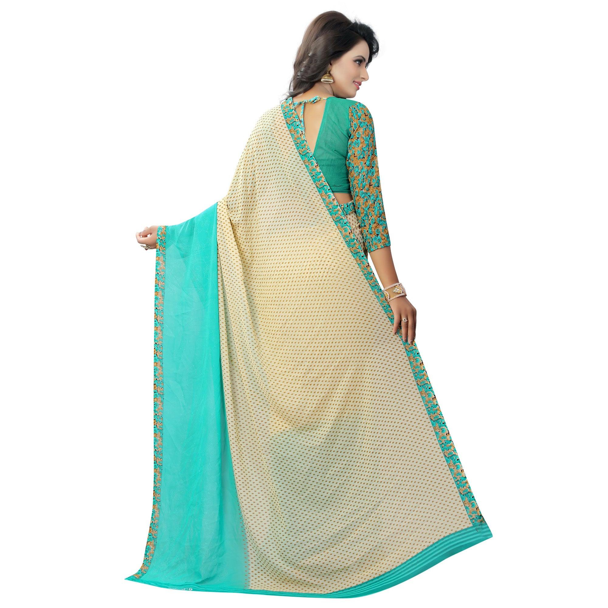 Beige Floral Printed Grorgette Half & Half Saree - Peachmode