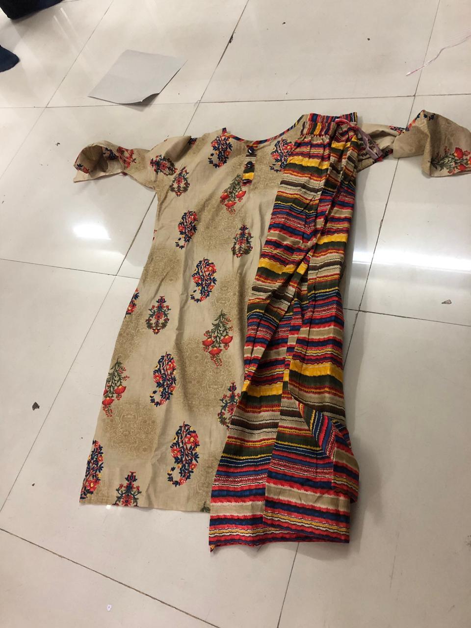 Beige Floral Printed Pure Cotton Kurti Palazzo Set - Peachmode