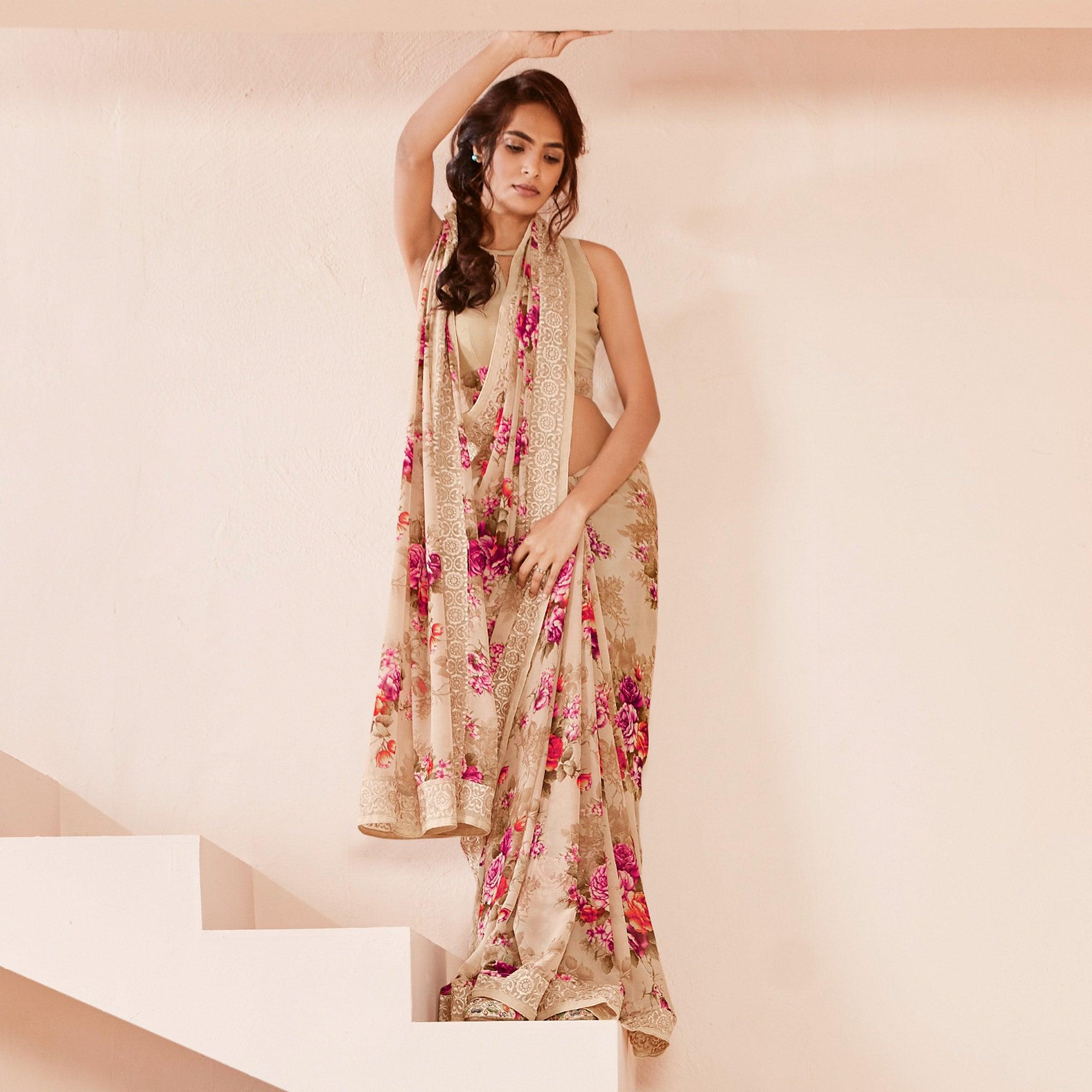 Beige Floral Printed With Embroidered Border Georgette Saree - Peachmode