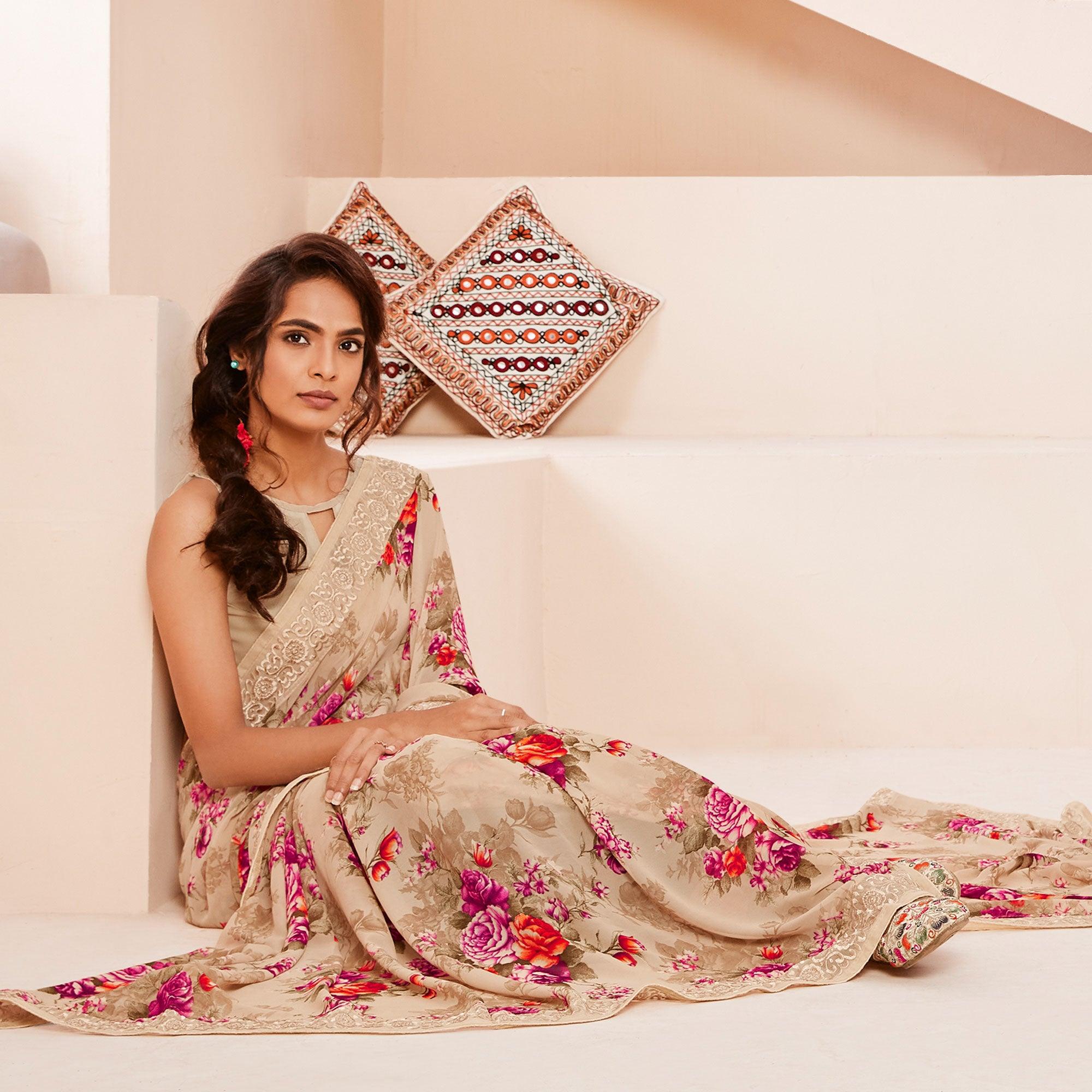 Beige Floral Printed With Embroidered Border Georgette Saree - Peachmode