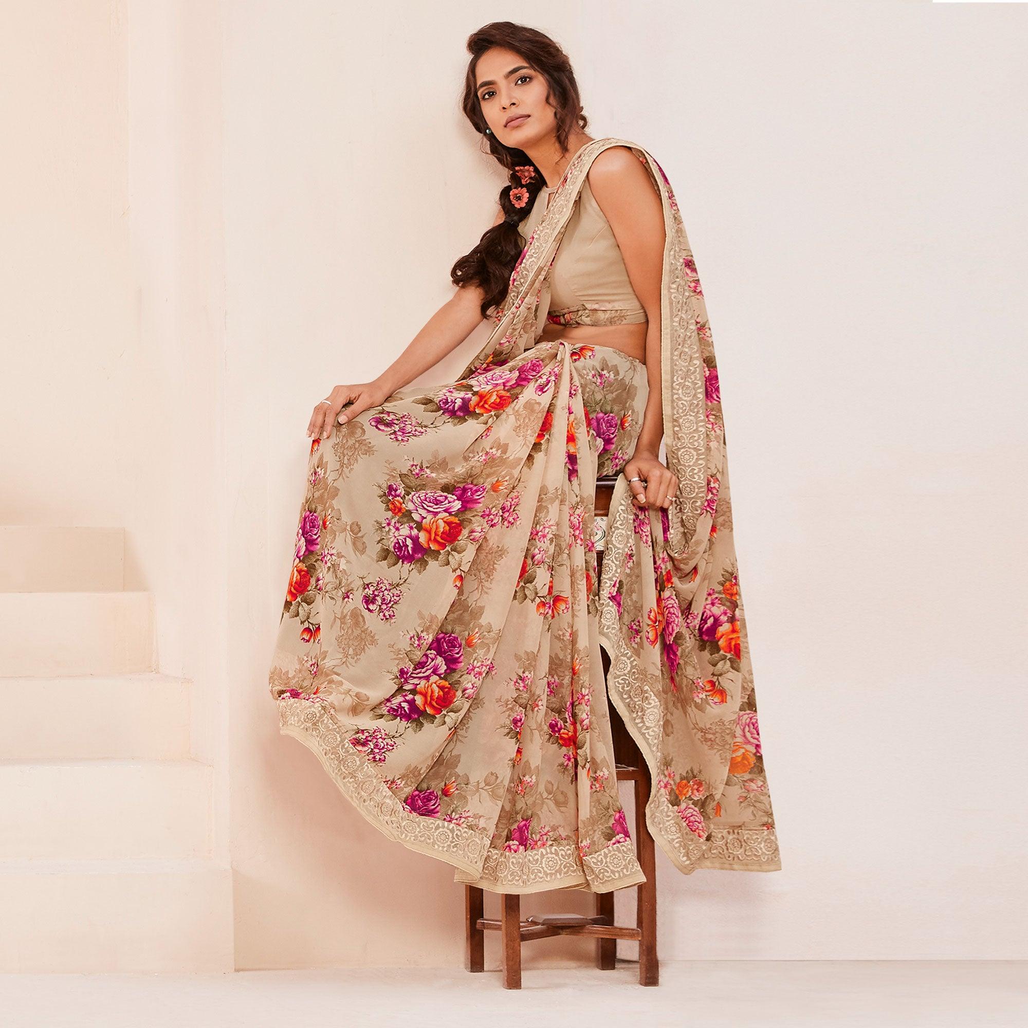 Beige Floral Printed With Embroidered Border Georgette Saree - Peachmode