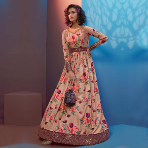 Beige Floral Printed With Sequence Pure Silk Anarkali Style Gown - Peachmode