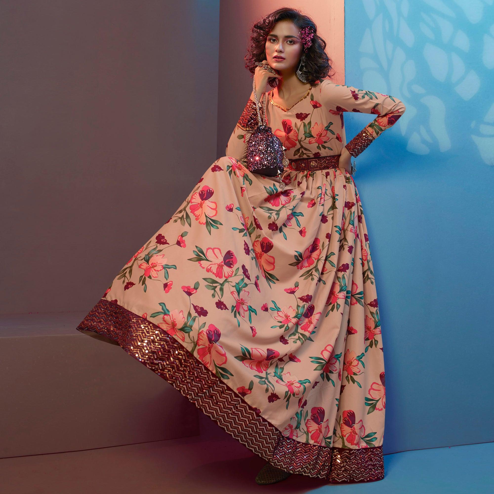 Beige Floral Printed With Sequence Pure Silk Anarkali Style Gown - Peachmode