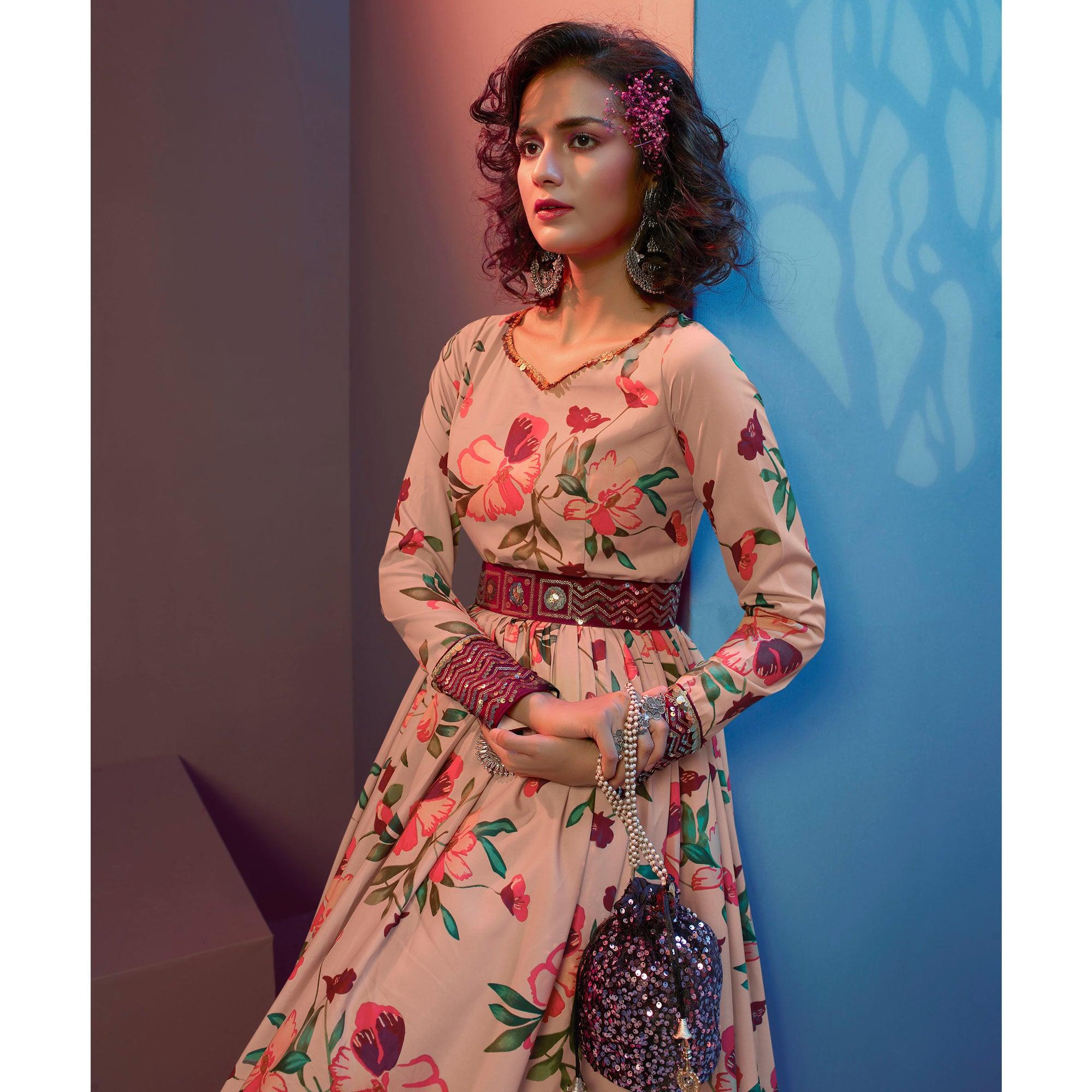Beige Floral Printed With Sequence Pure Silk Anarkali Style Gown - Peachmode
