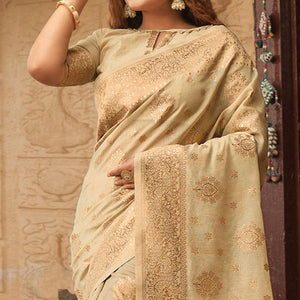 Beige Floral Woven Pure Cotton Saree - Peachmode