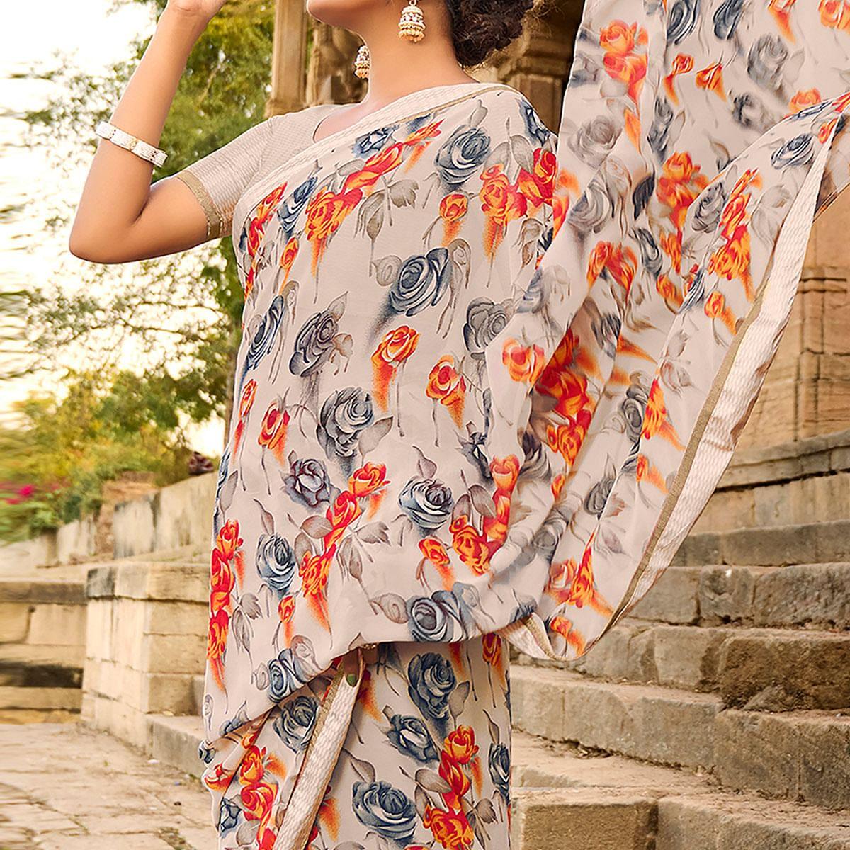 Beige Foil Printed Georgette Saree - Peachmode