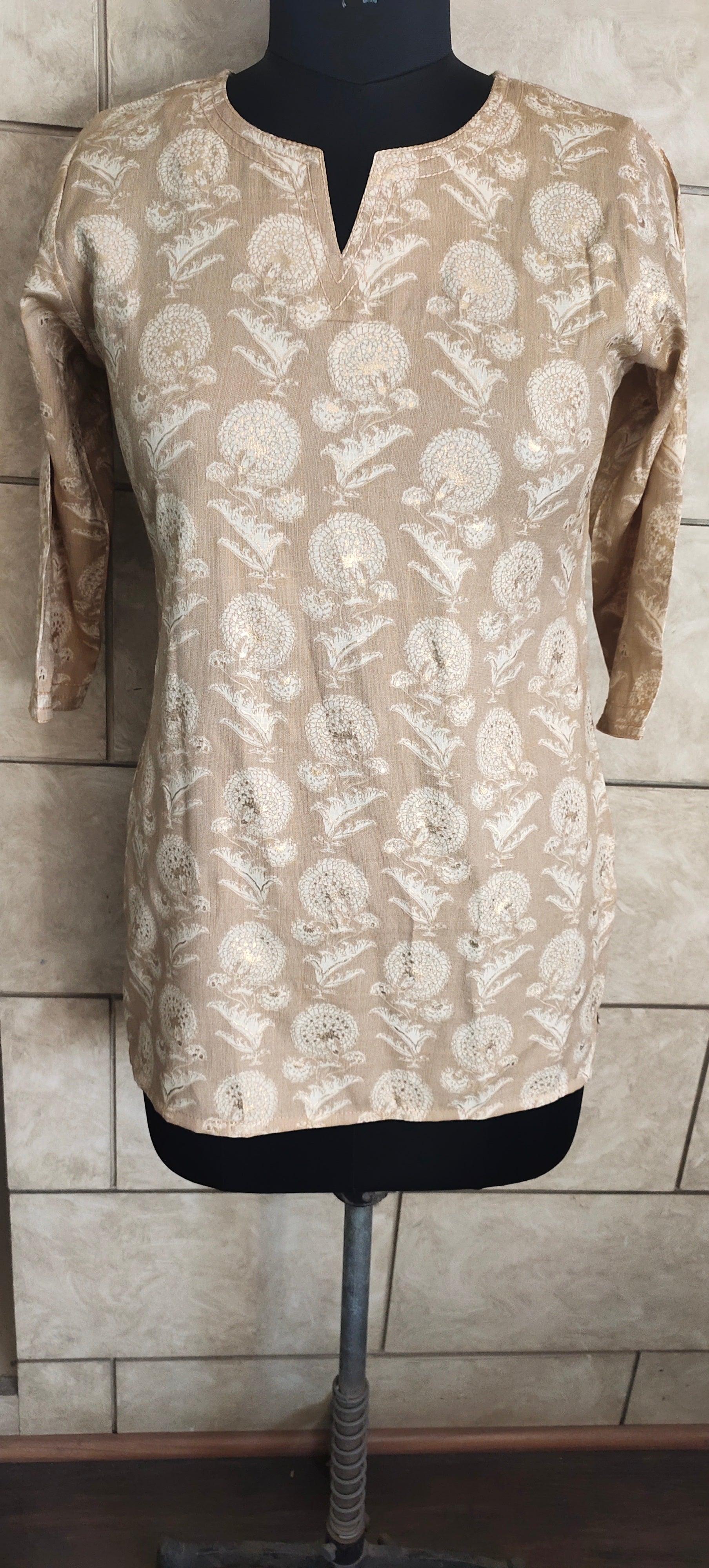 Beige Foil Printed Rayon Top - Peachmode
