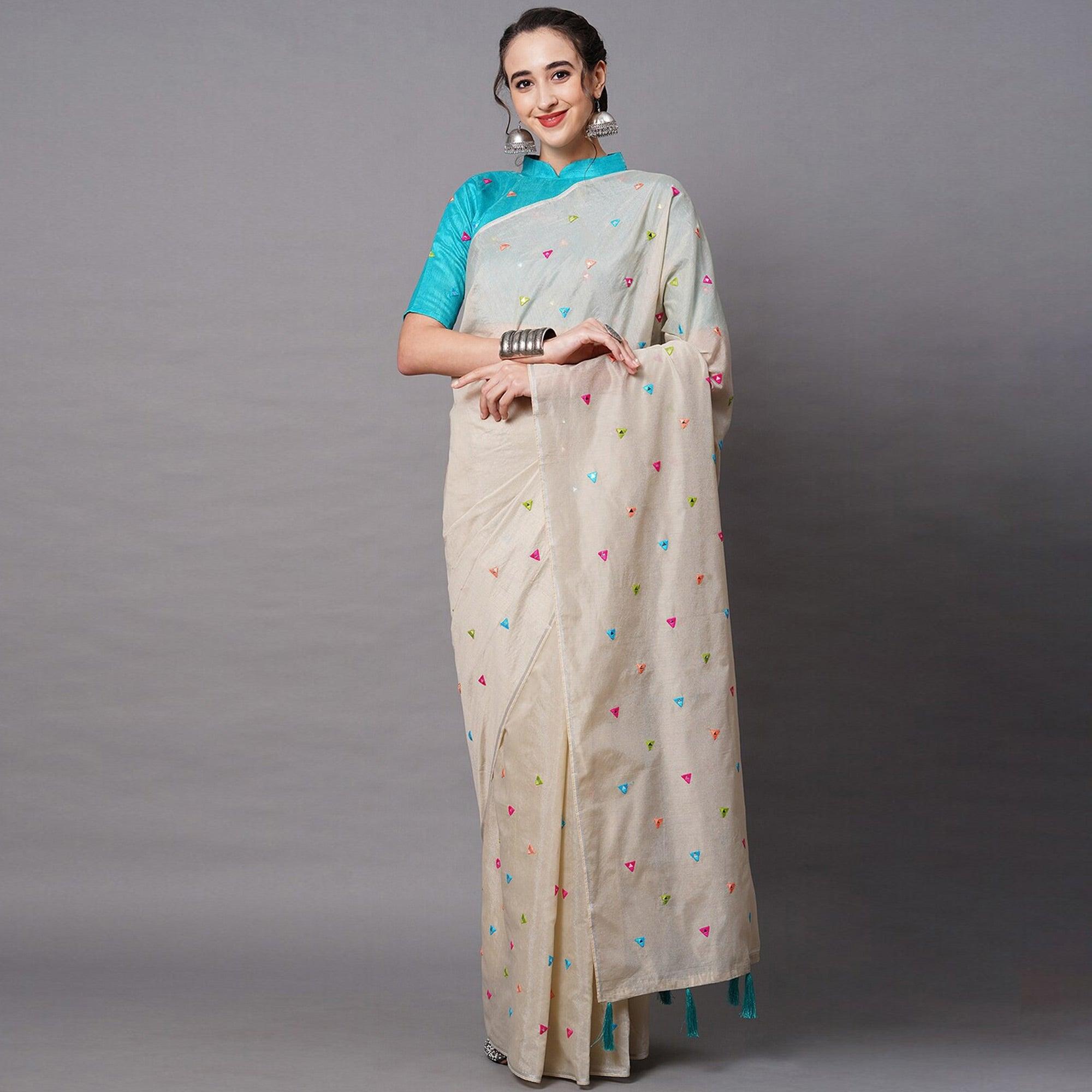 Beige Geometric Embroidered Cotton Blend Saree - Peachmode