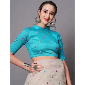 Beige Geometric Embroidered Cotton Blend Saree - Peachmode