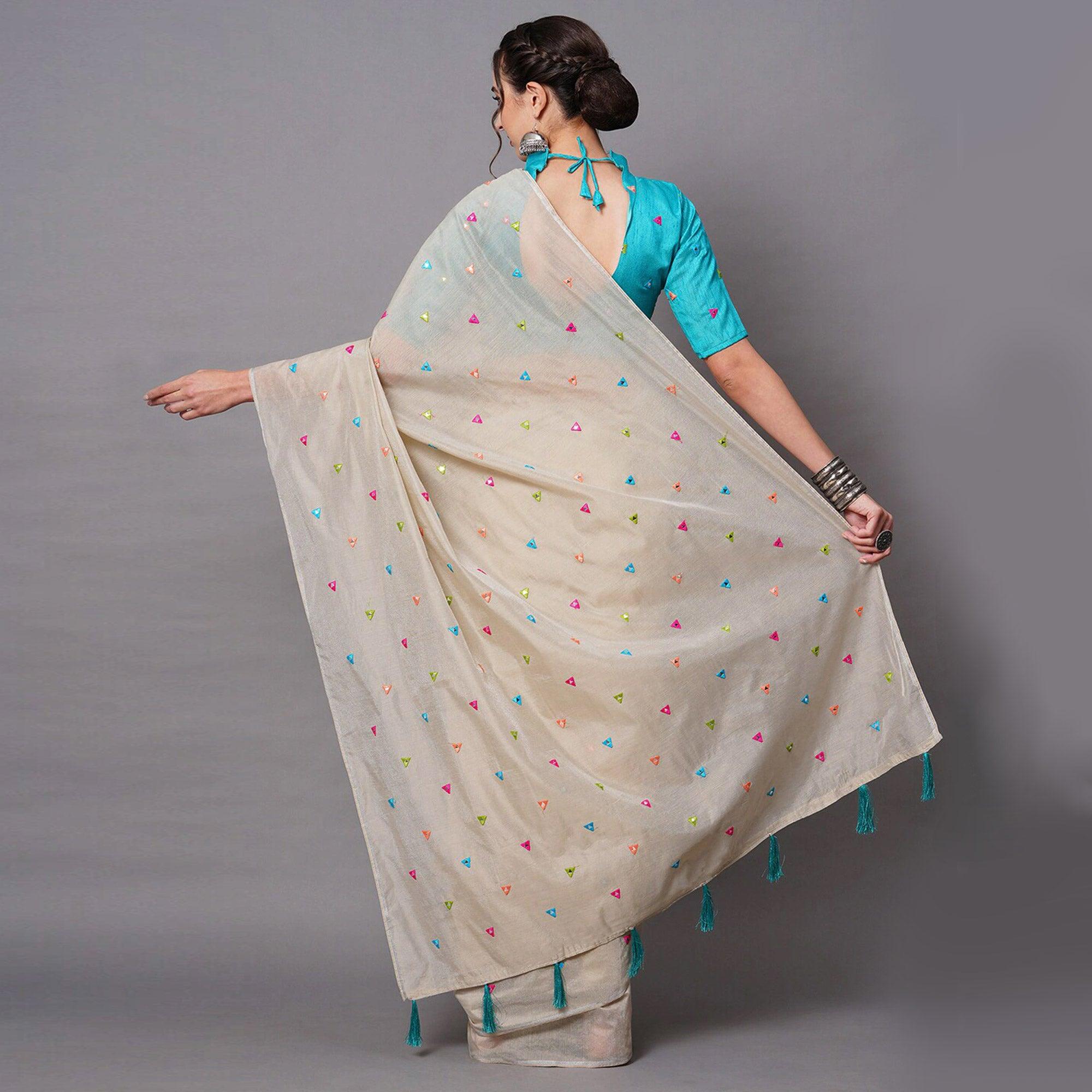 Beige Geometric Embroidered Cotton Blend Saree - Peachmode