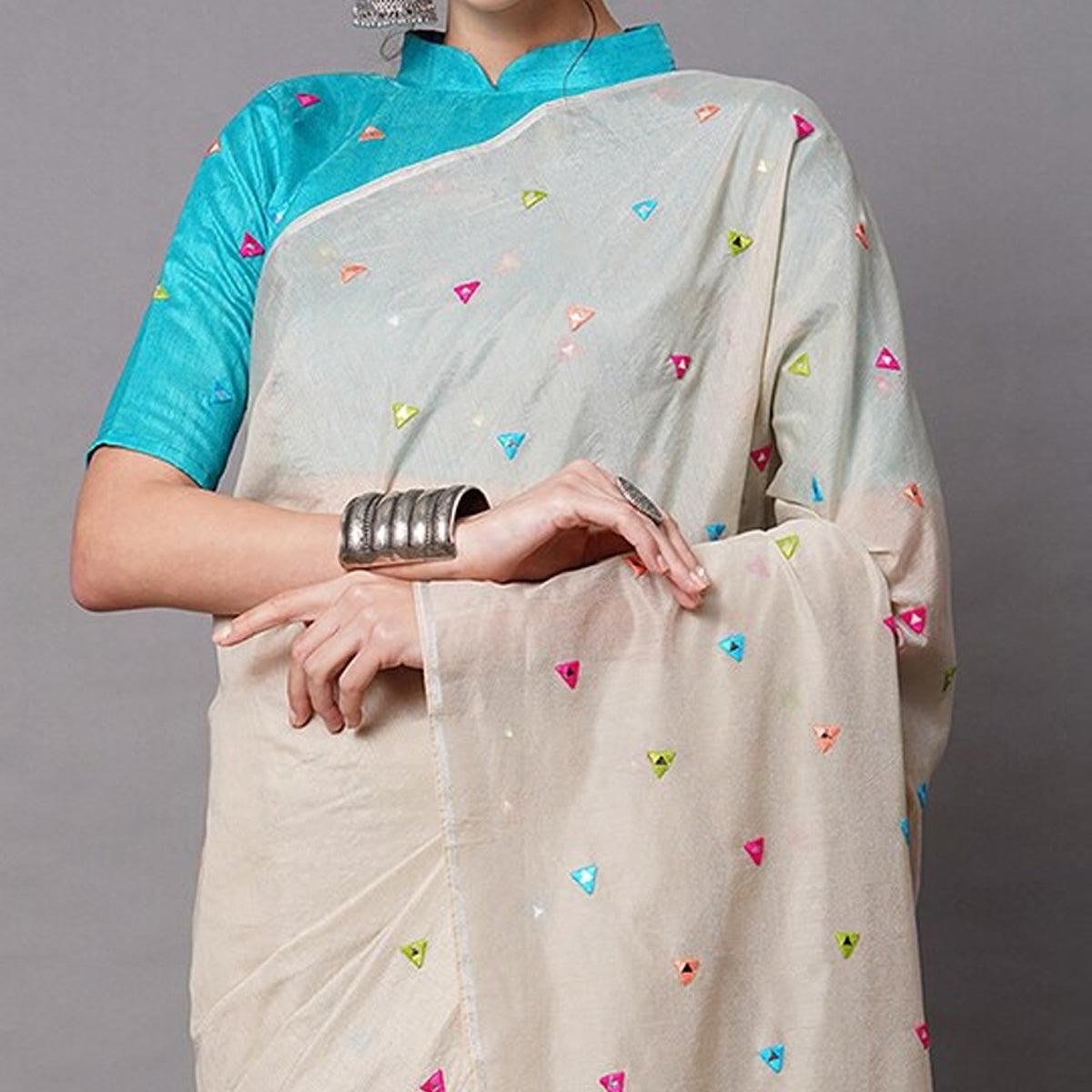 Beige Geometric Embroidered Cotton Blend Saree - Peachmode