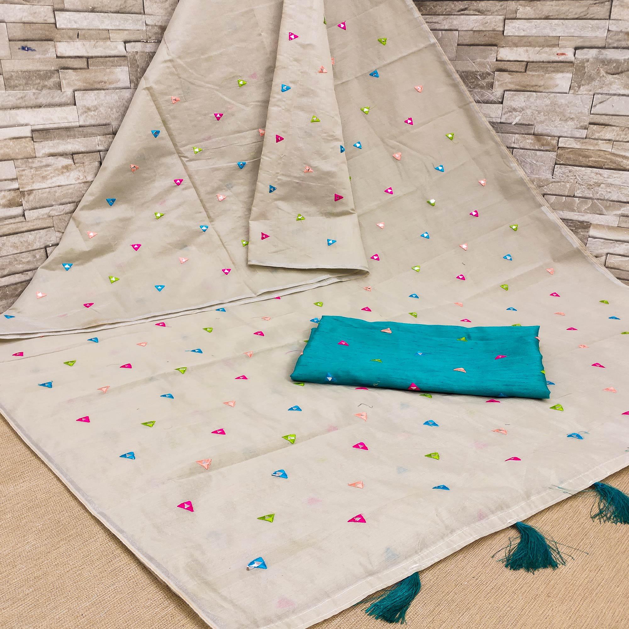 Beige Geometric Embroidered Cotton Blend Saree - Peachmode