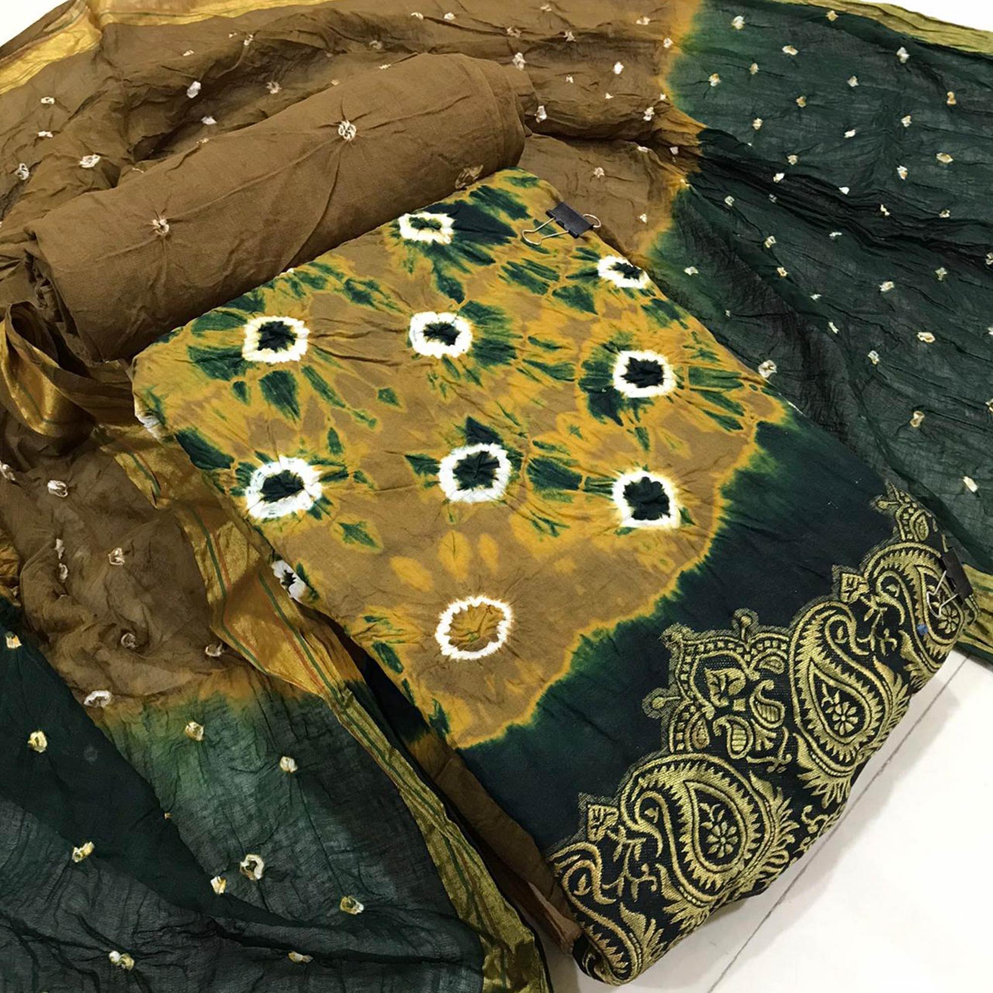 Beige-Green Bandhani Printed Pure Cotton Dress Material - Peachmode