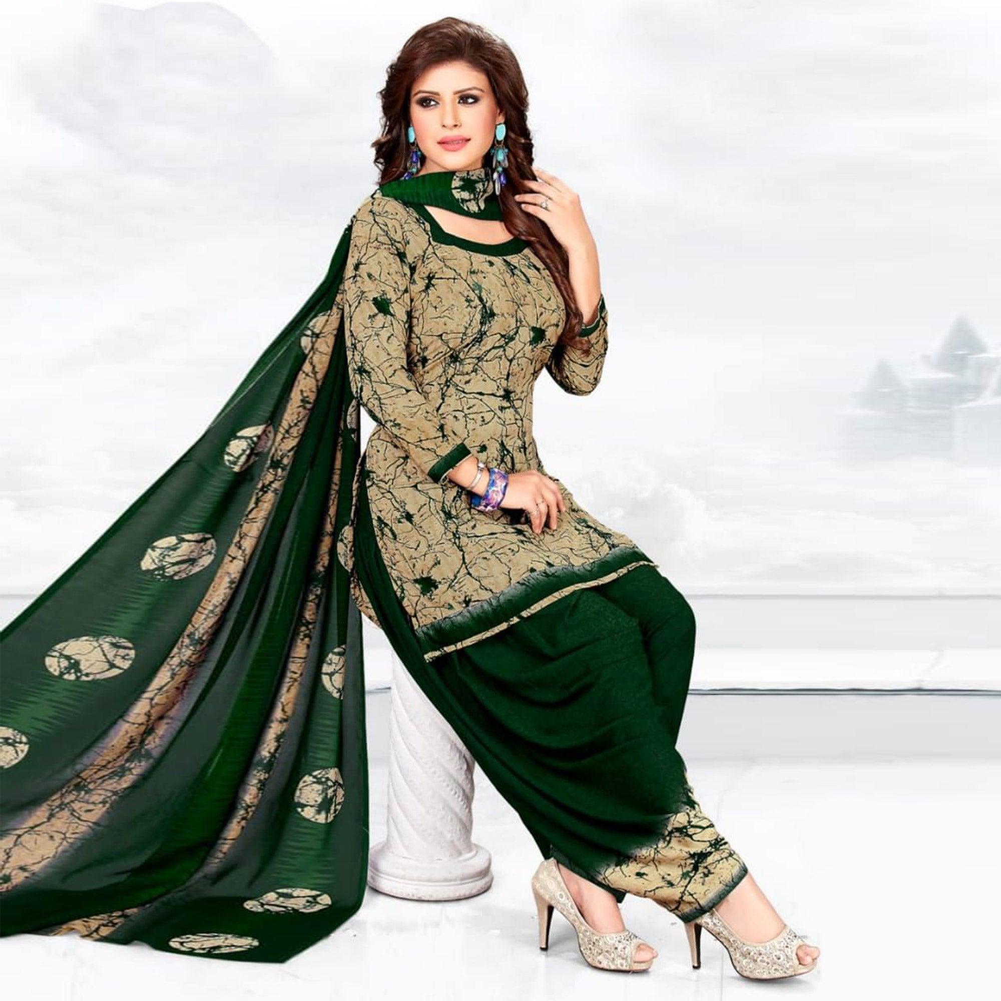 Beige-Green Casual Wear Printed Crepe Patiala Dress Material - Peachmode