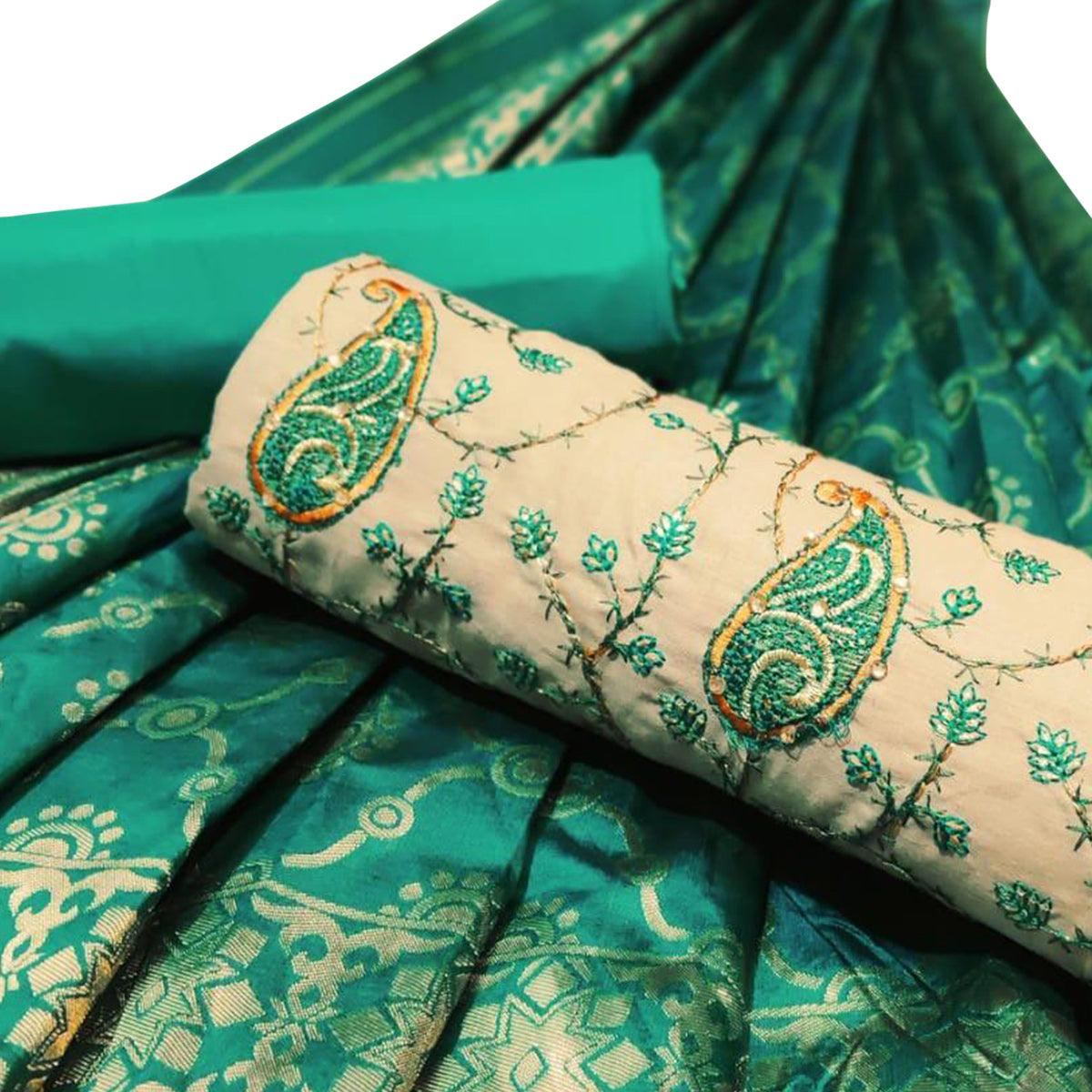 Beige-Green Embroidered Cotton Blend Dress Material - Peachmode