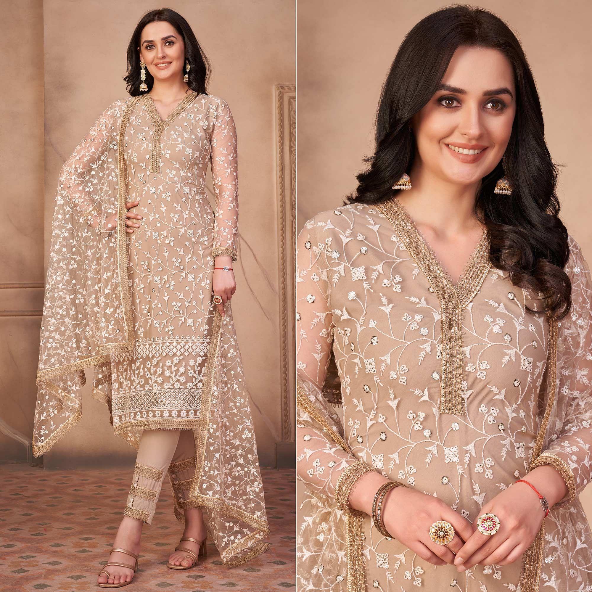 Beige Heavy Sequence Embroidered Net Partywear Suit - Peachmode