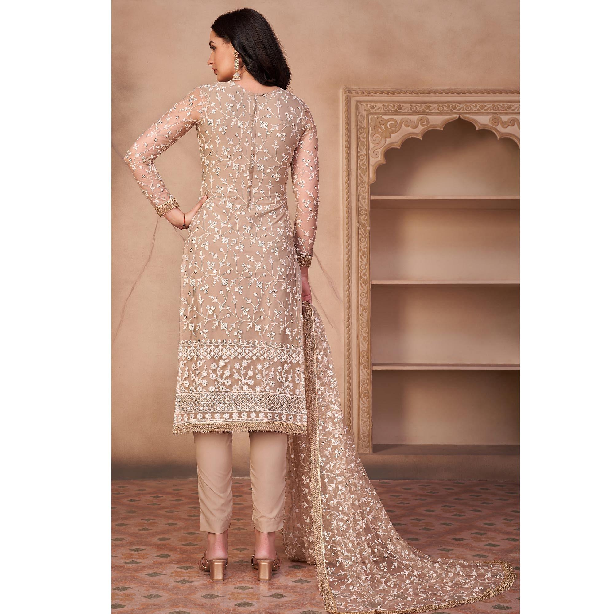 Beige Heavy Sequence Embroidered Net Partywear Suit - Peachmode